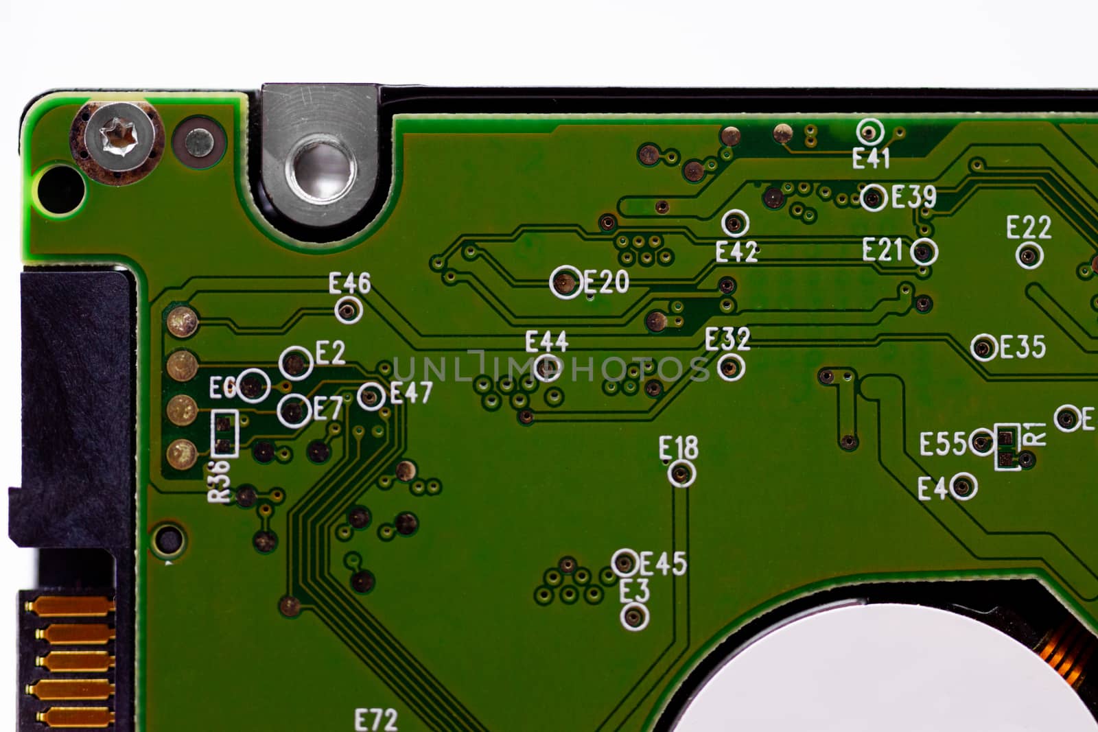 HDD microscheme close-up view. Base is green, macro look.