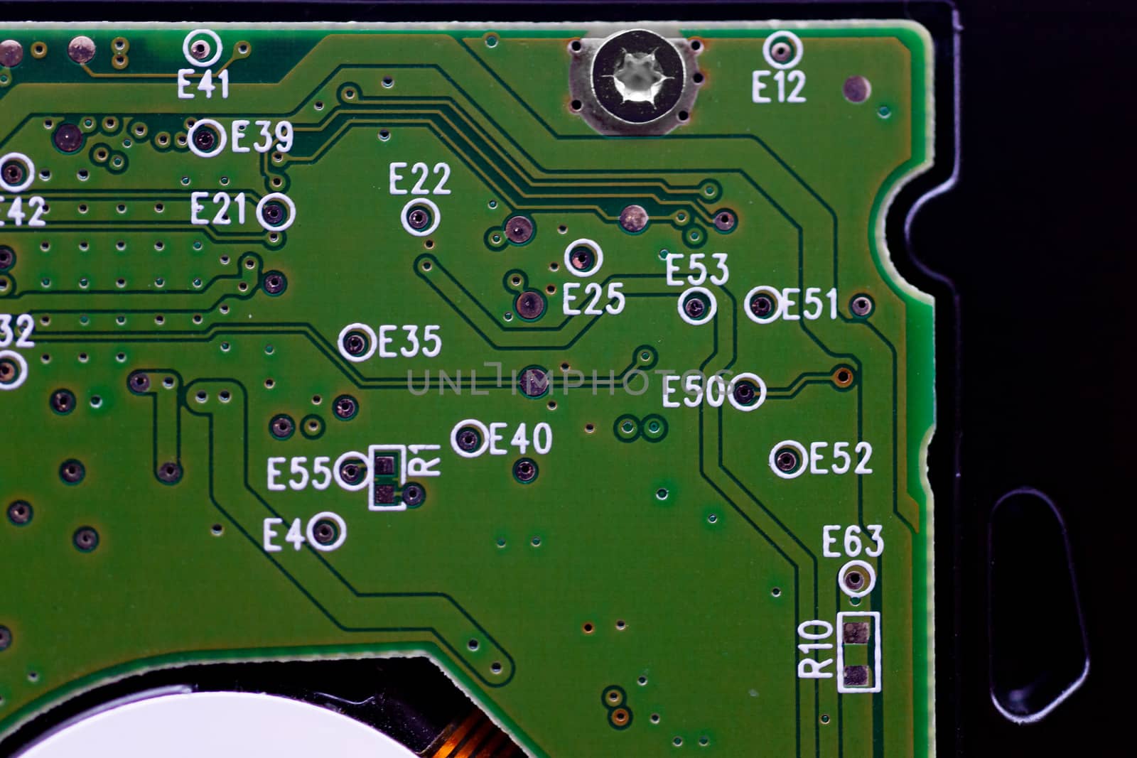 HDD microscheme close-up view. Base is green, macro look.