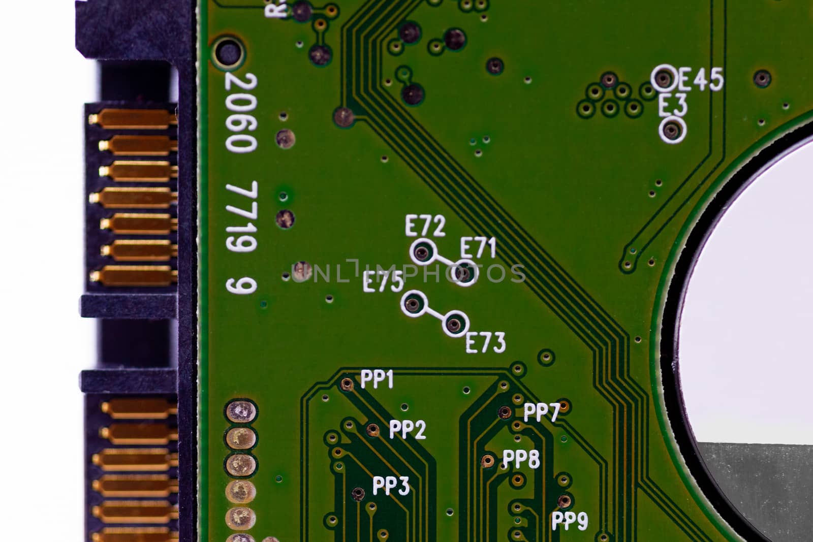 HDD microscheme close-up view. Base is green, macro look.