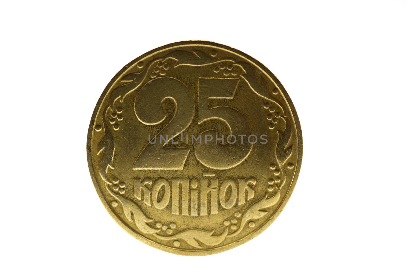 Ukrainian golden colour coin isolated on white background. Close-up view. A conceptual image.