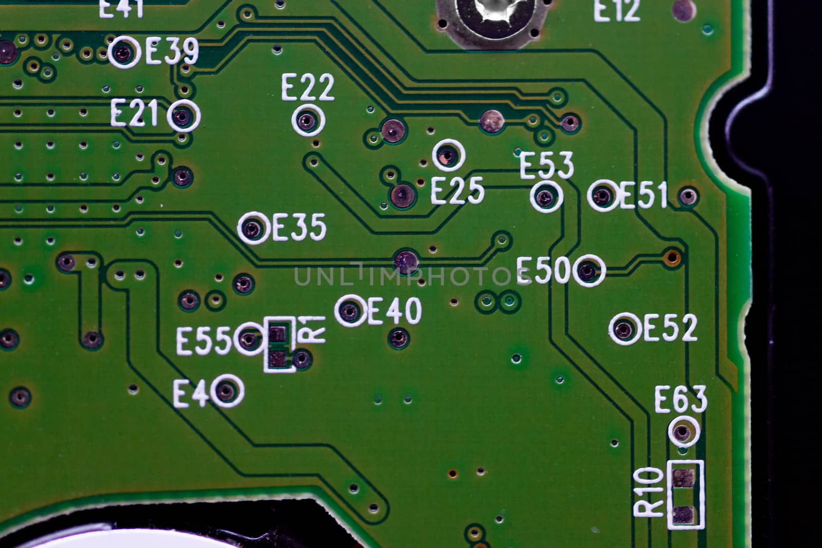 HDD microscheme close-up view. Base is green, macro look.