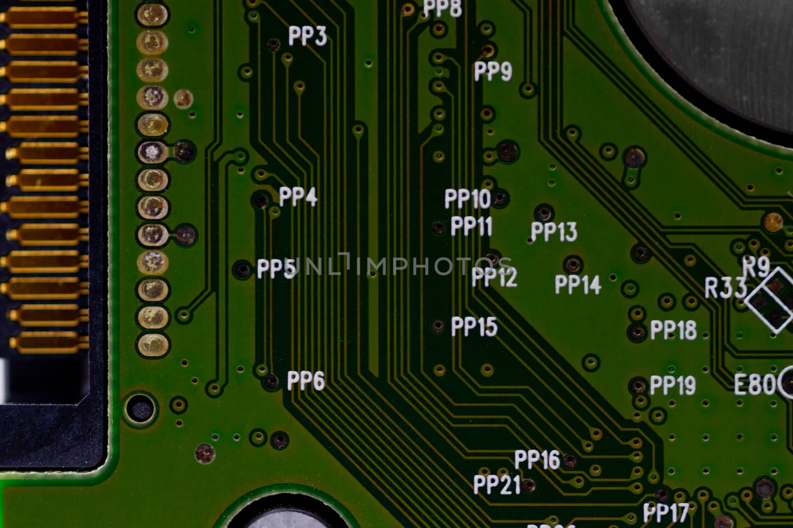 HDD microscheme close-up view. Base is green, macro look.
