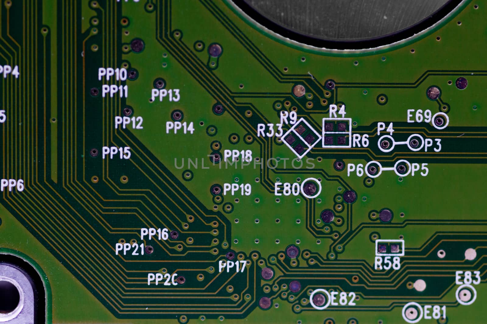 HDD microscheme close-up view. Base is green, macro look.