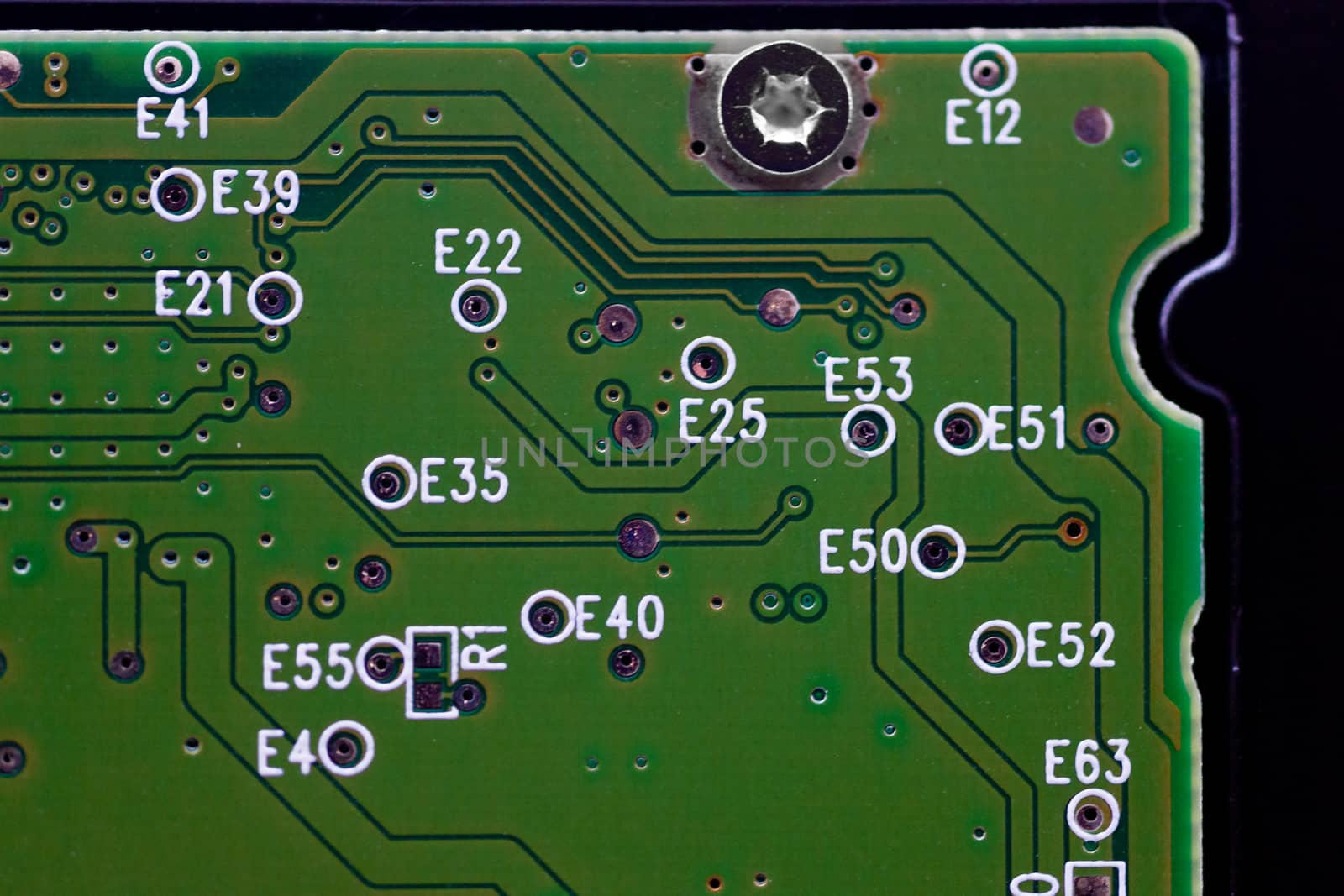 HDD microscheme close-up view. Base is green, macro look.