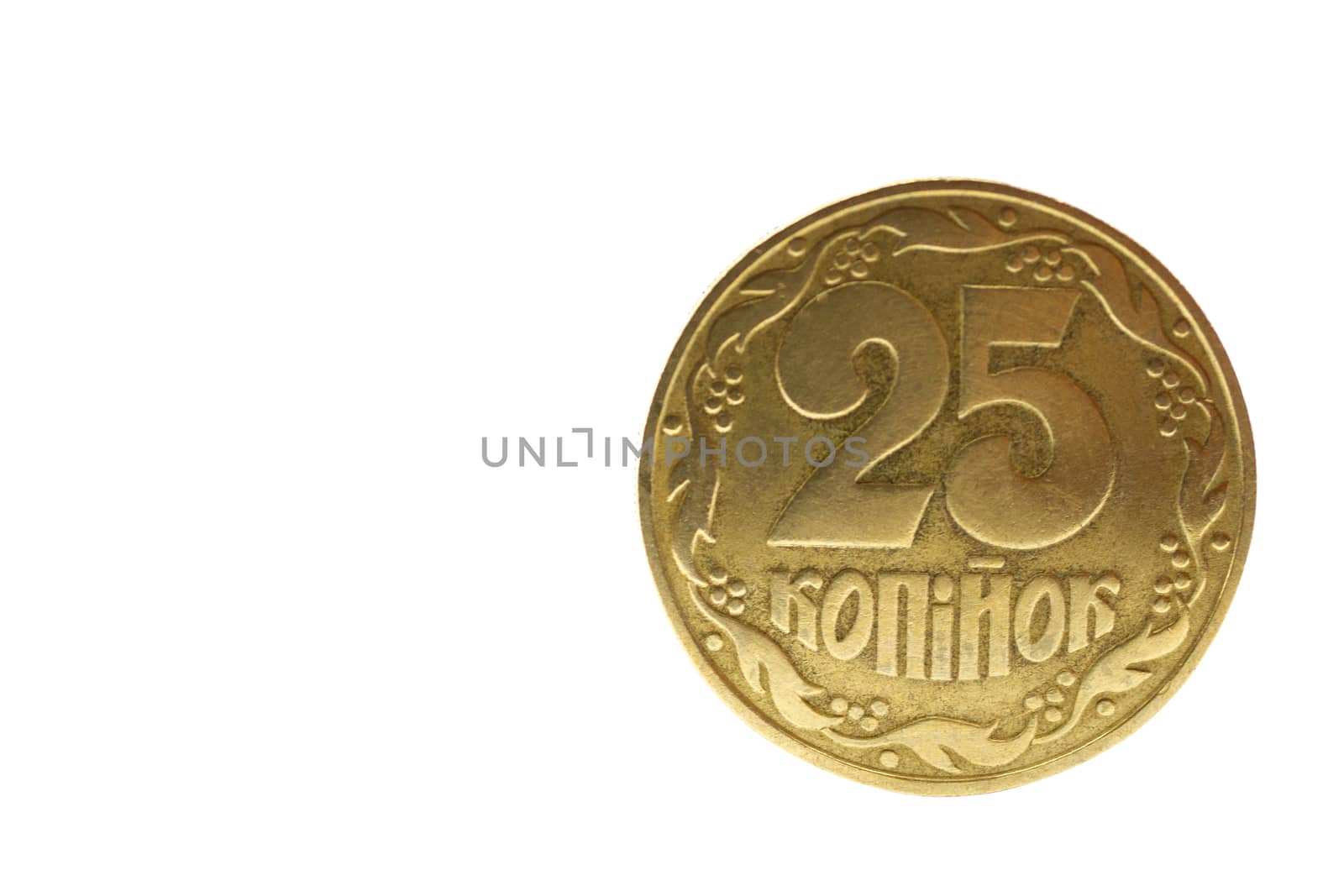Ukrainian golden colour coin isolated on white background. Close-up view. A conceptual image.