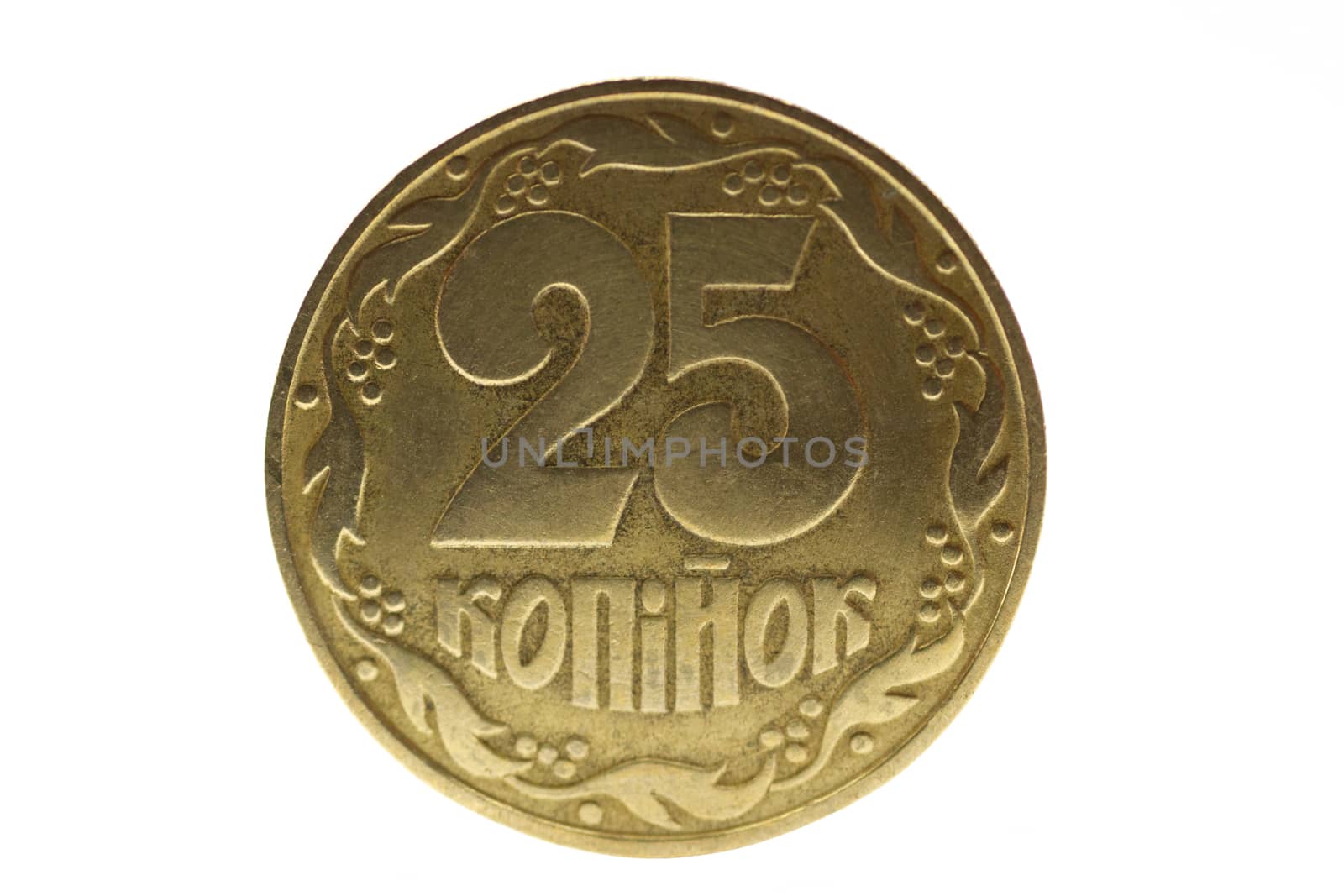 Ukrainian golden colour coin isolated on white background. Close-up view. A conceptual image.