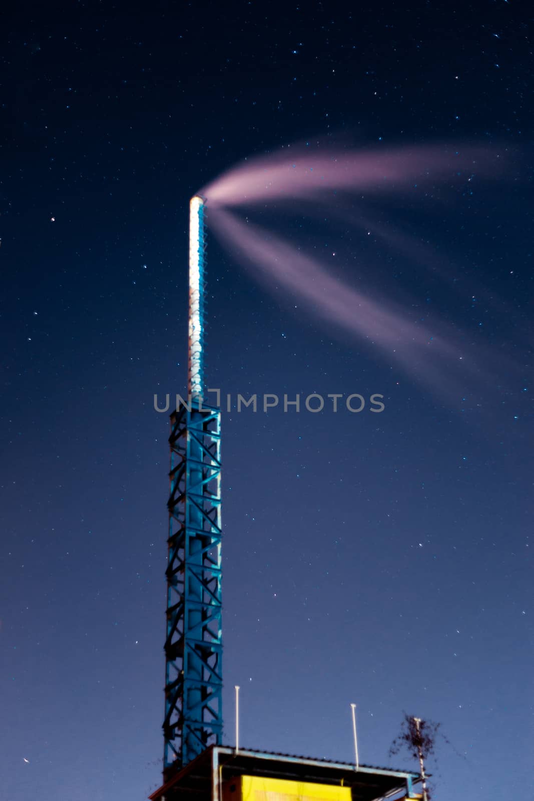 Long exposure night sky stars photo. Boiler tube on foreground. A lot of stars with constellations. Far from the city. Night landscape.