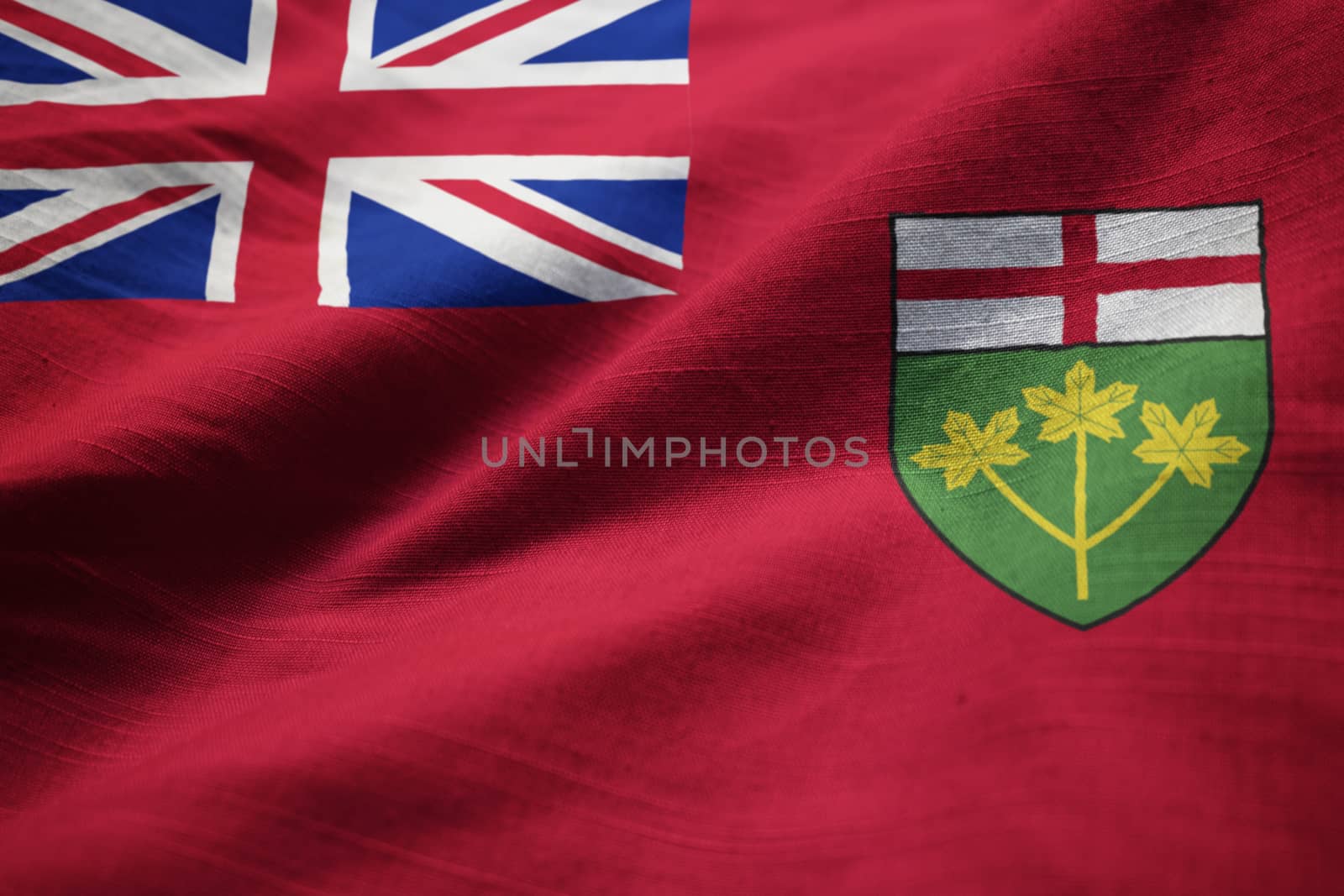 Closeup of Ruffled Ontario Flag, Ontario Flag Blowing in Wind