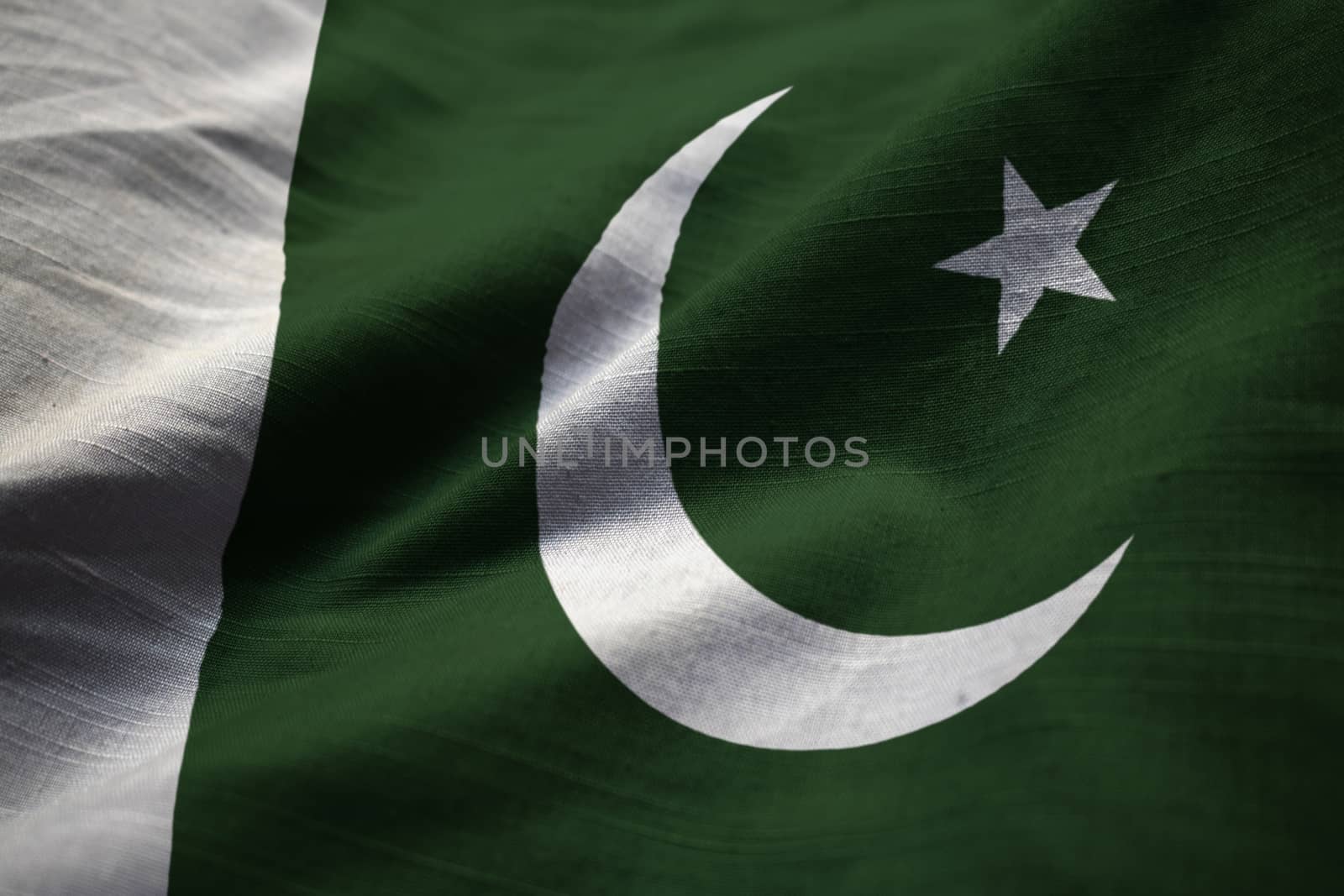 Closeup of Ruffled Pakistan Flag, Pakistan Flag Blowing in Wind