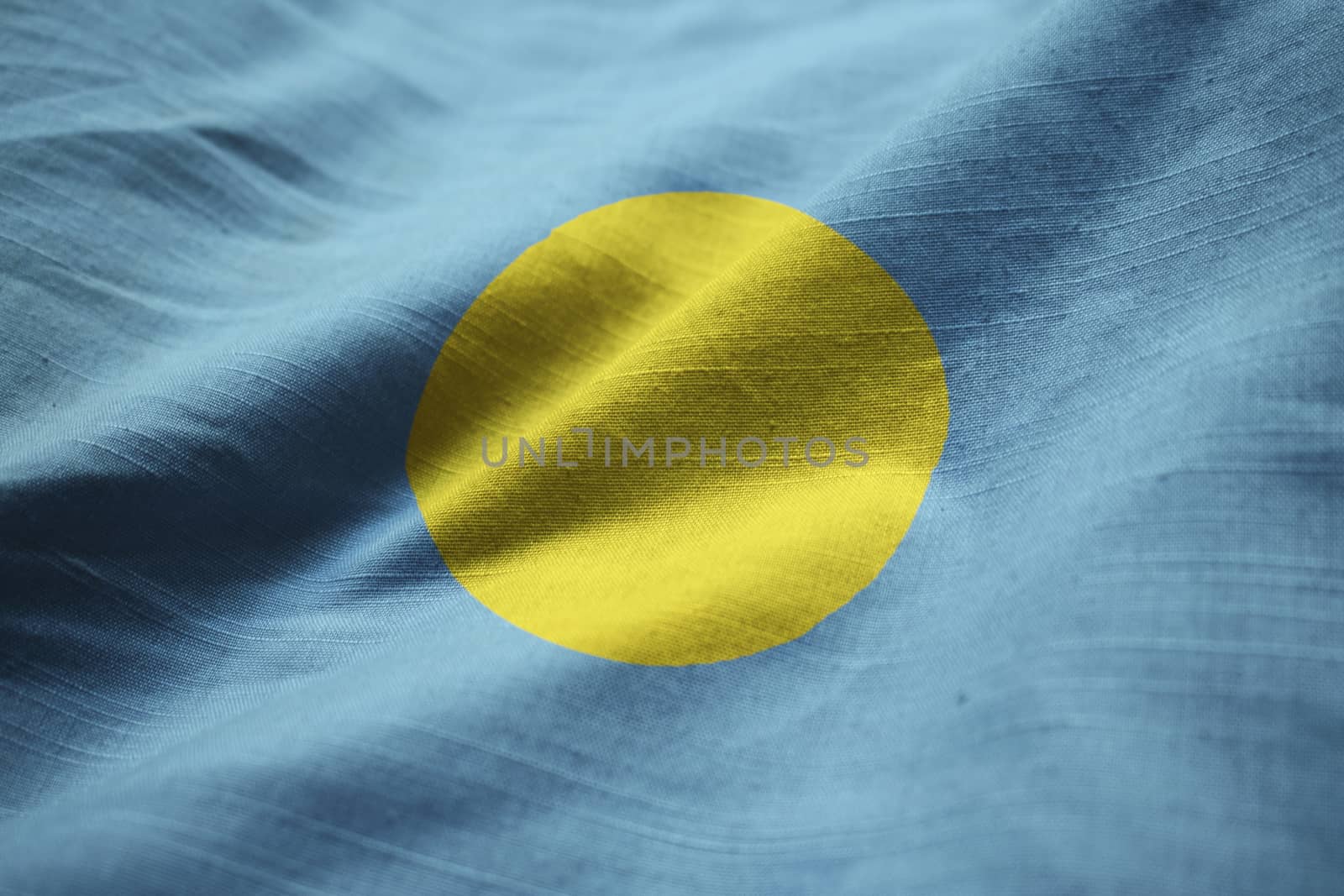 Closeup of Ruffled Palau Flag, Palau Flag Blowing in Wind by shaadjutt36