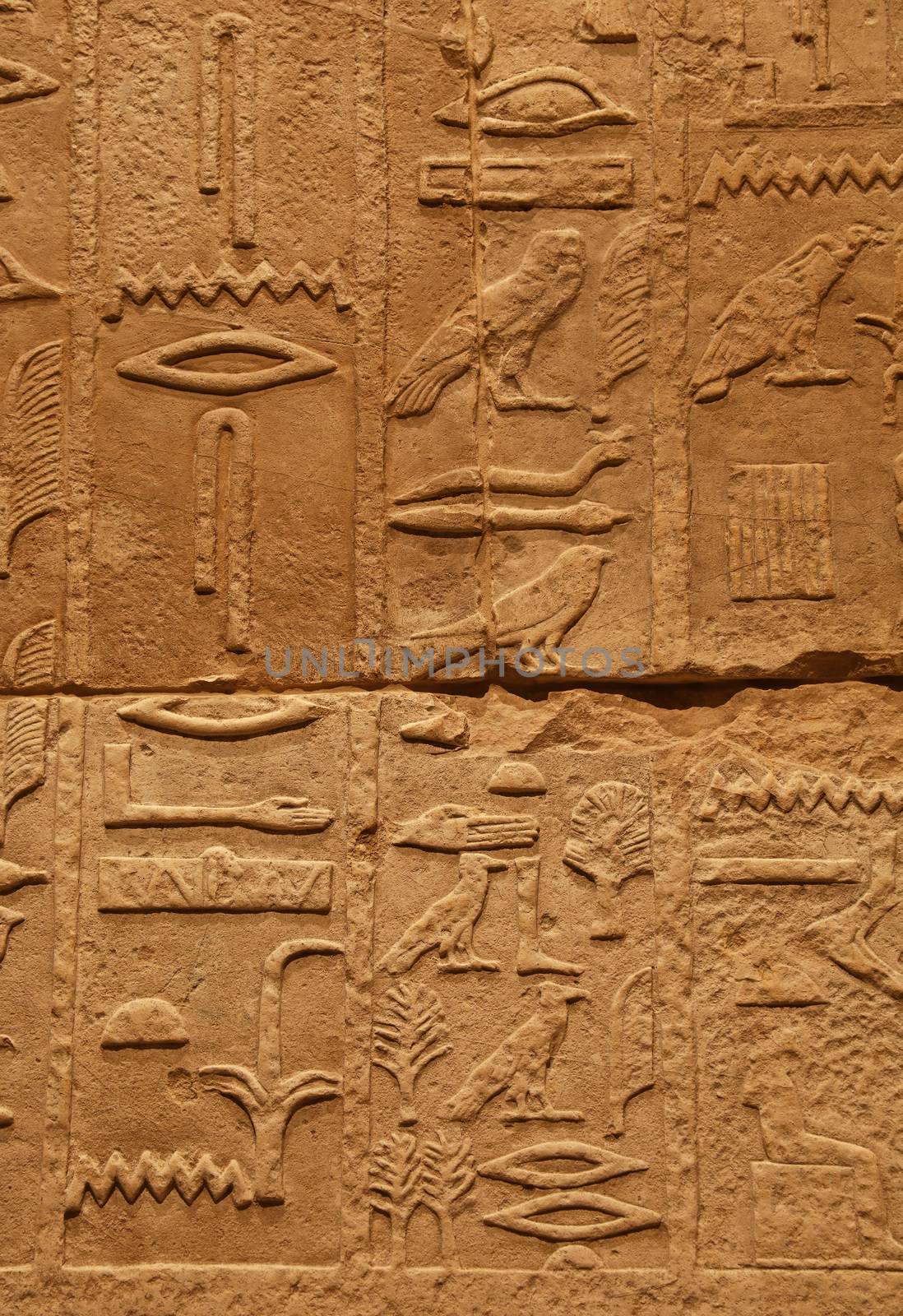 Close up background of antique stone wall with carved ancient Egyptian hieroglyphs, front view