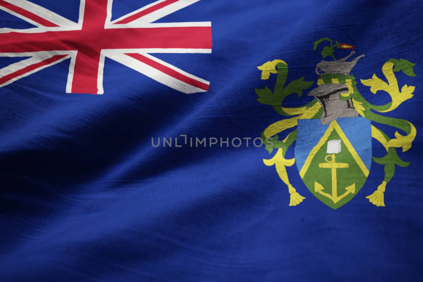 Closeup of Ruffled Pitcairn Islands Flag, Pitcairn Islands Flag Blowing in Wind