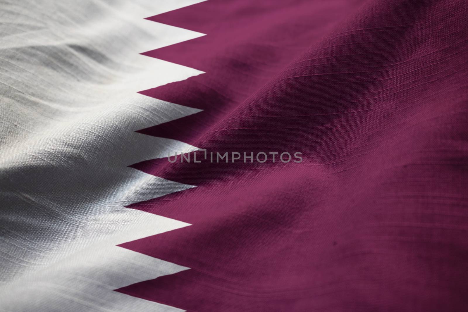 Closeup of Ruffled Qatar Flag, Qatar Flag Blowing in Wind