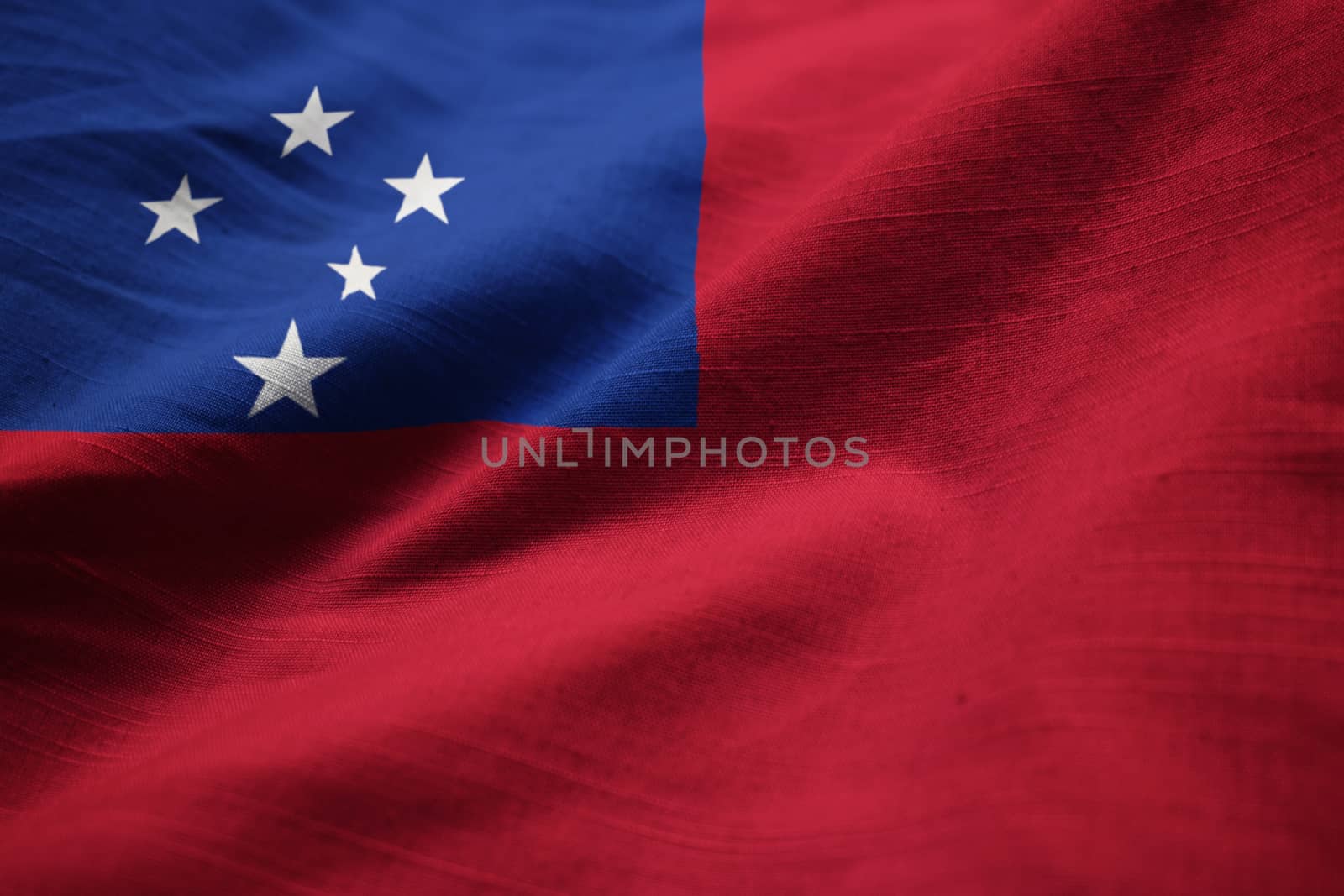 Closeup of Ruffled Samoa Flag, Samoa Flag Blowing in Wind