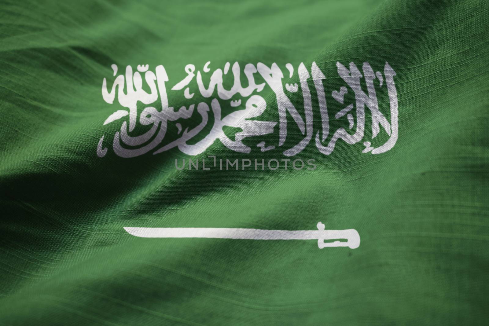 Closeup of Ruffled Saudi Arabia Flag, Saudi Arabia Flag Blowing in Wind