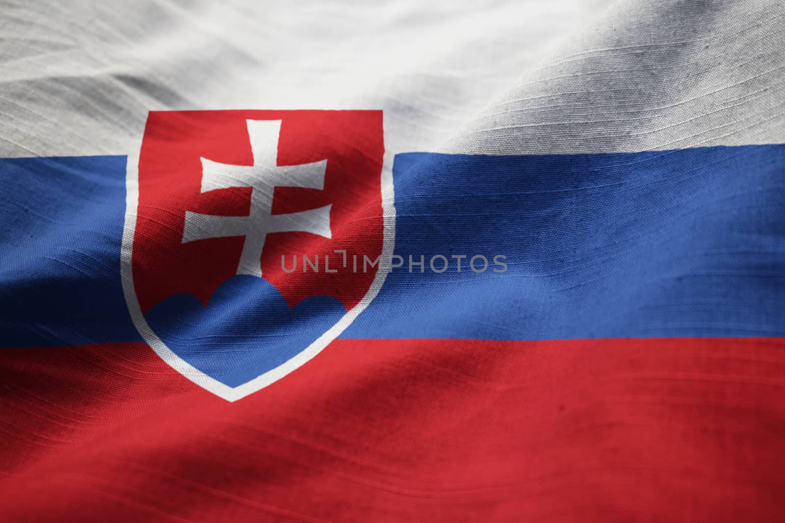 Closeup of Ruffled Slovakia Flag, Slovakia Flag Blowing in Wind