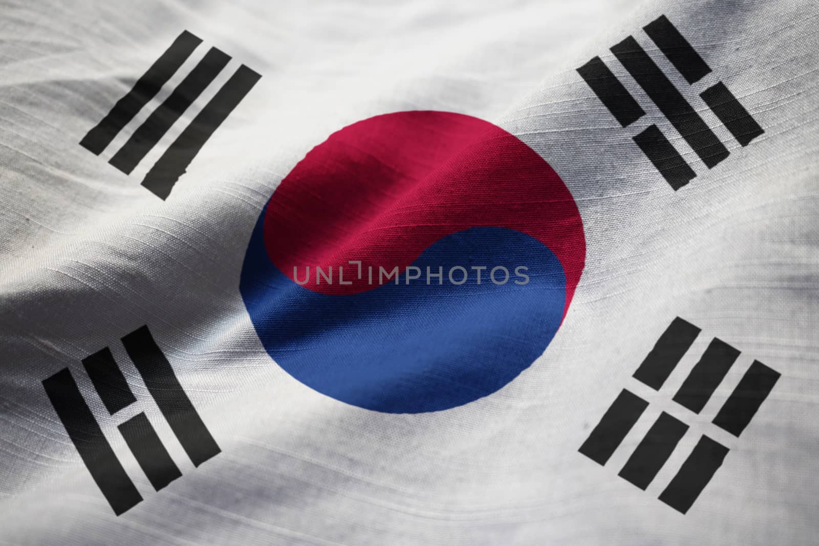 Closeup of Ruffled South Korea Flag, South Korea Flag Blowing in Wind