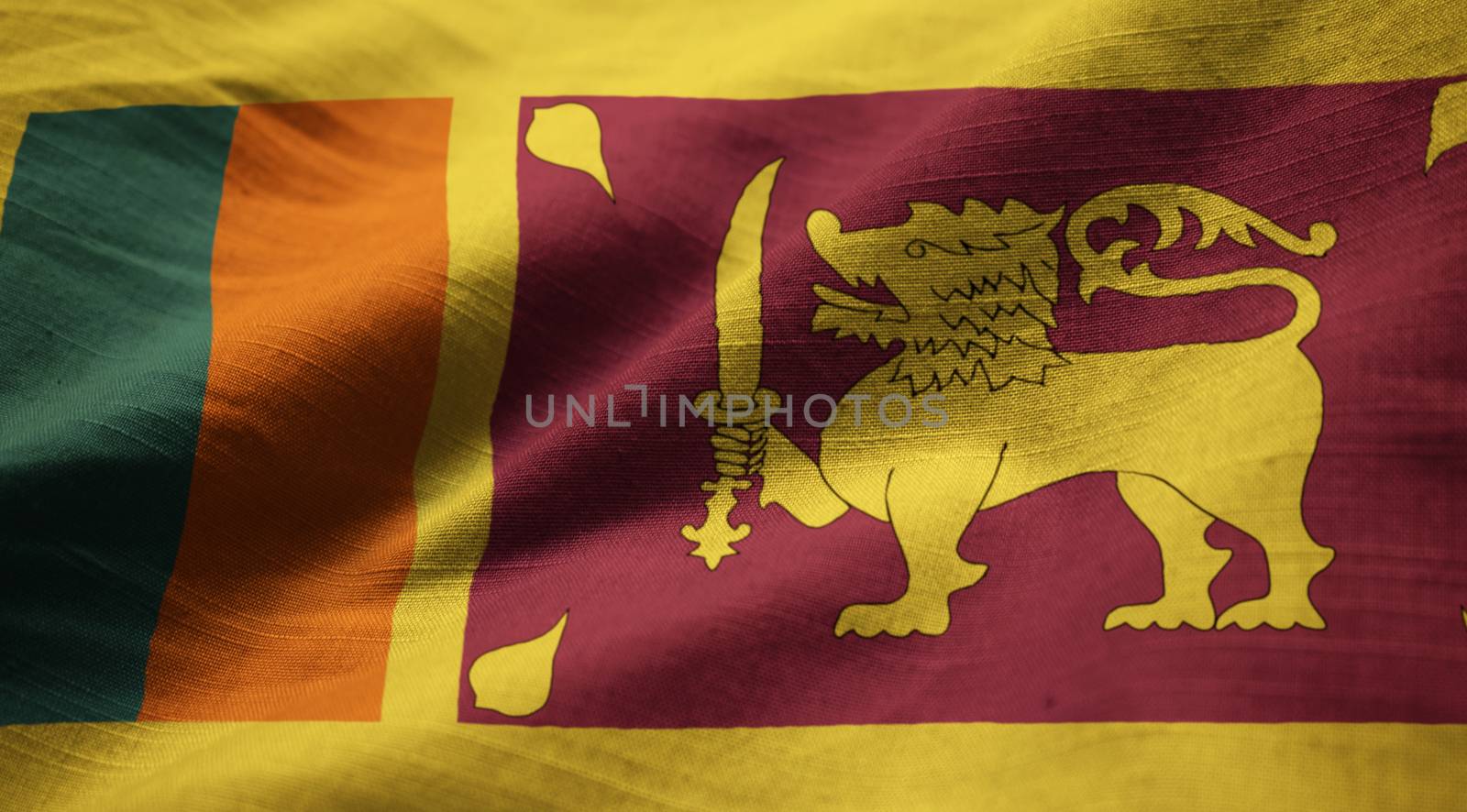 Closeup of Ruffled Sri Lanka Flag, Sri Lanka Flag Blowing in Wind