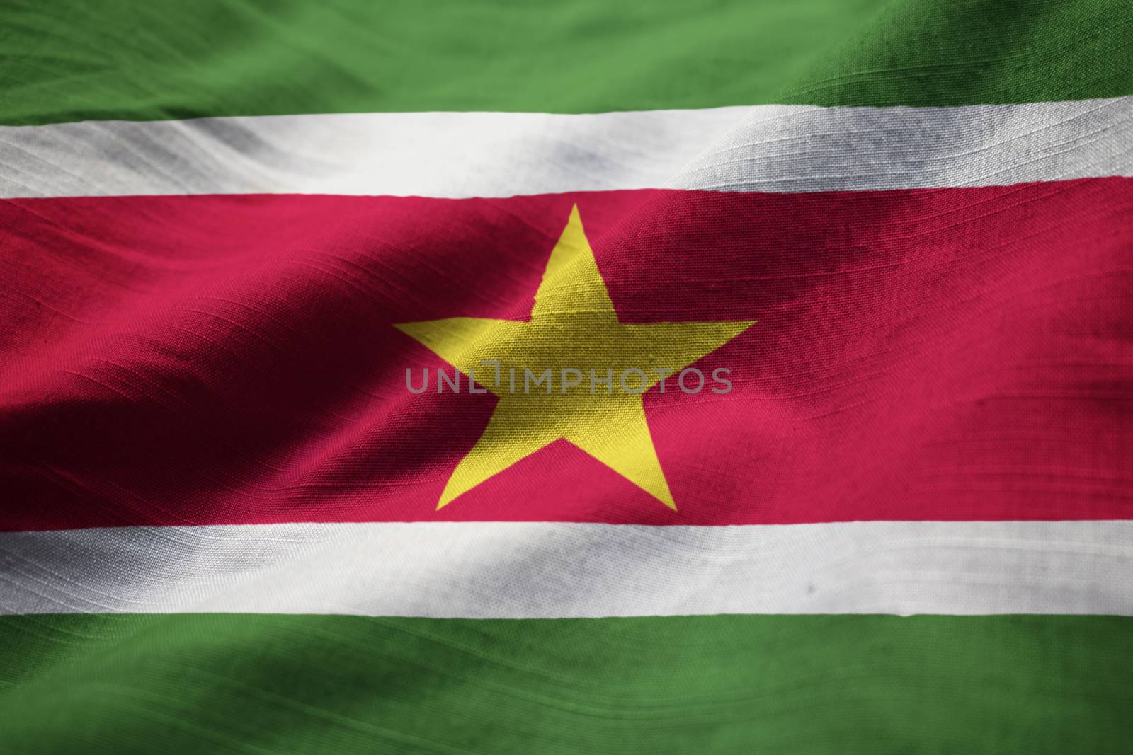 Closeup of Ruffled Suriname Flag, Suriname Flag Blowing in Wind by shaadjutt36