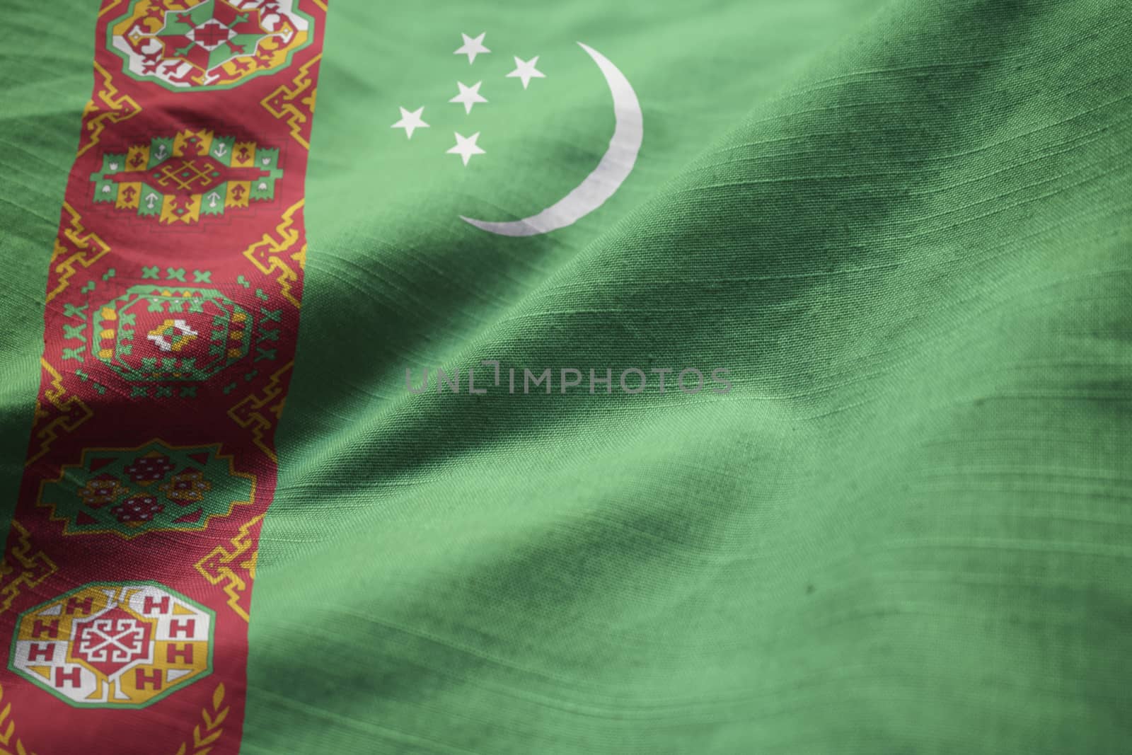 Closeup of Ruffled Turkmenistan Flag, Turkmenistan Flag Blowing in Wind