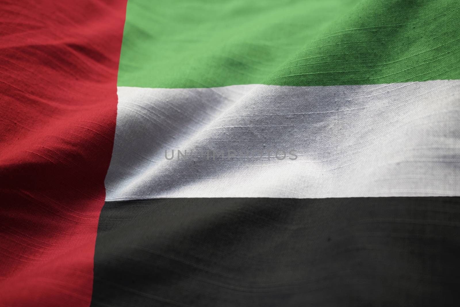 Closeup of Ruffled United Arab Emirates Flag, United Arab Emirates Flag Blowing in Wind