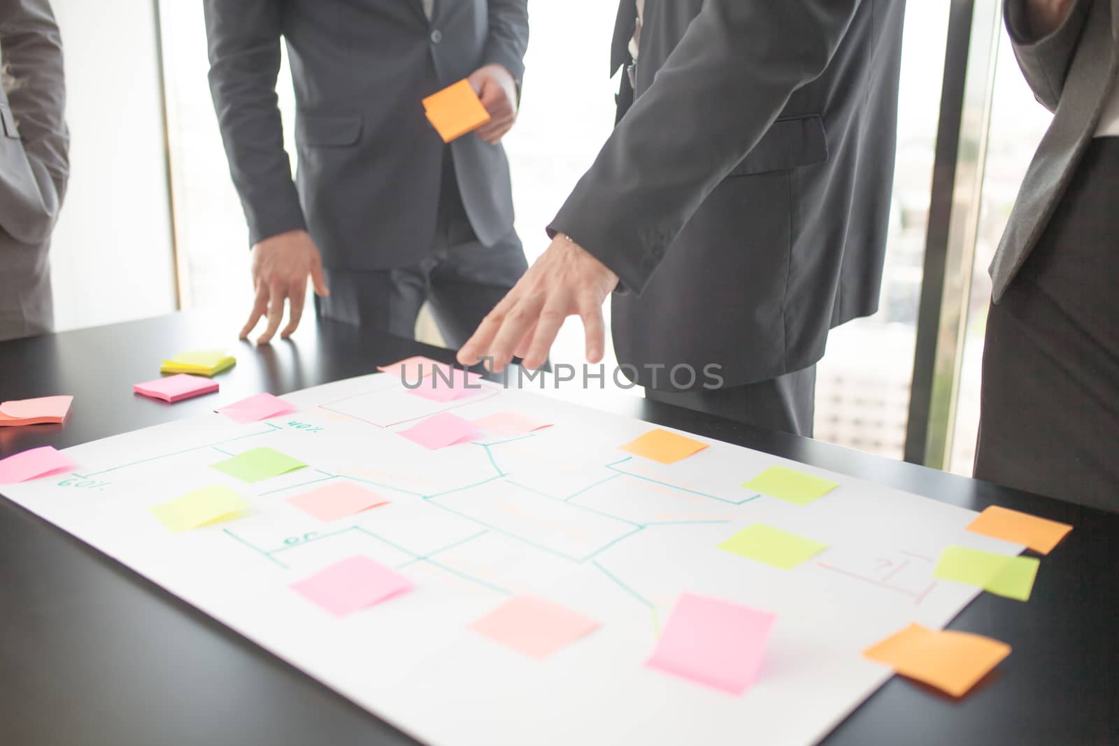 Business people team planning strategy at office desk using color paper notes