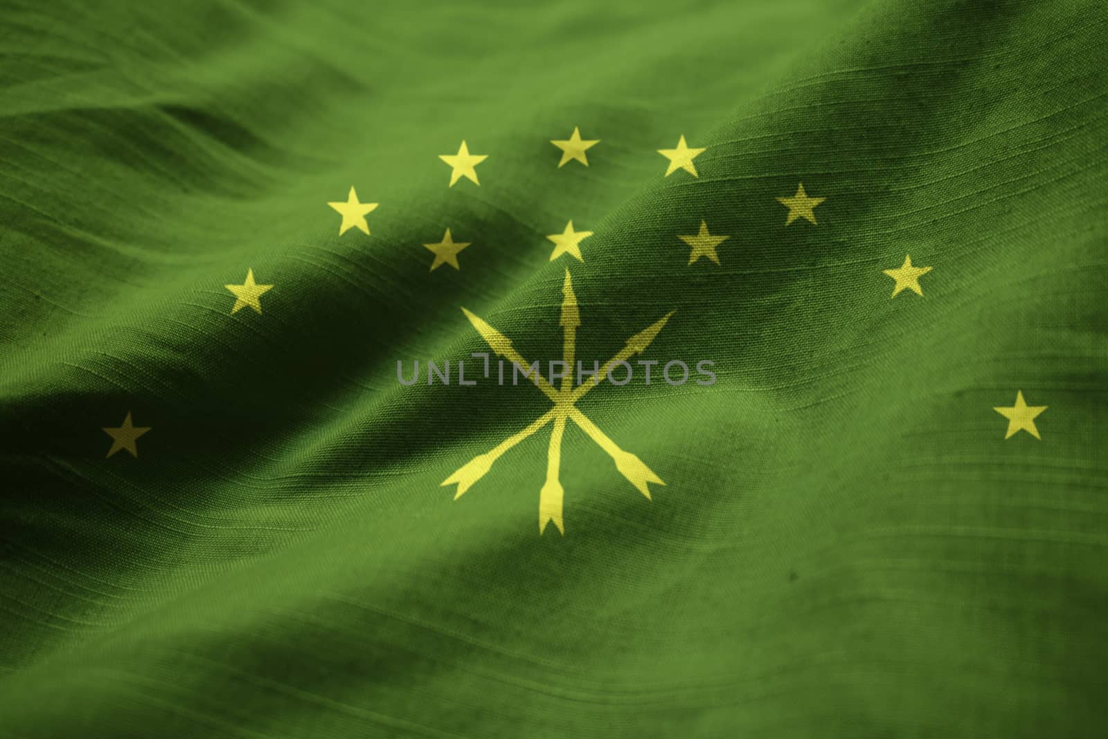 Closeup of Ruffled Adygea Flag, Adygea Flag Blowing in Wind