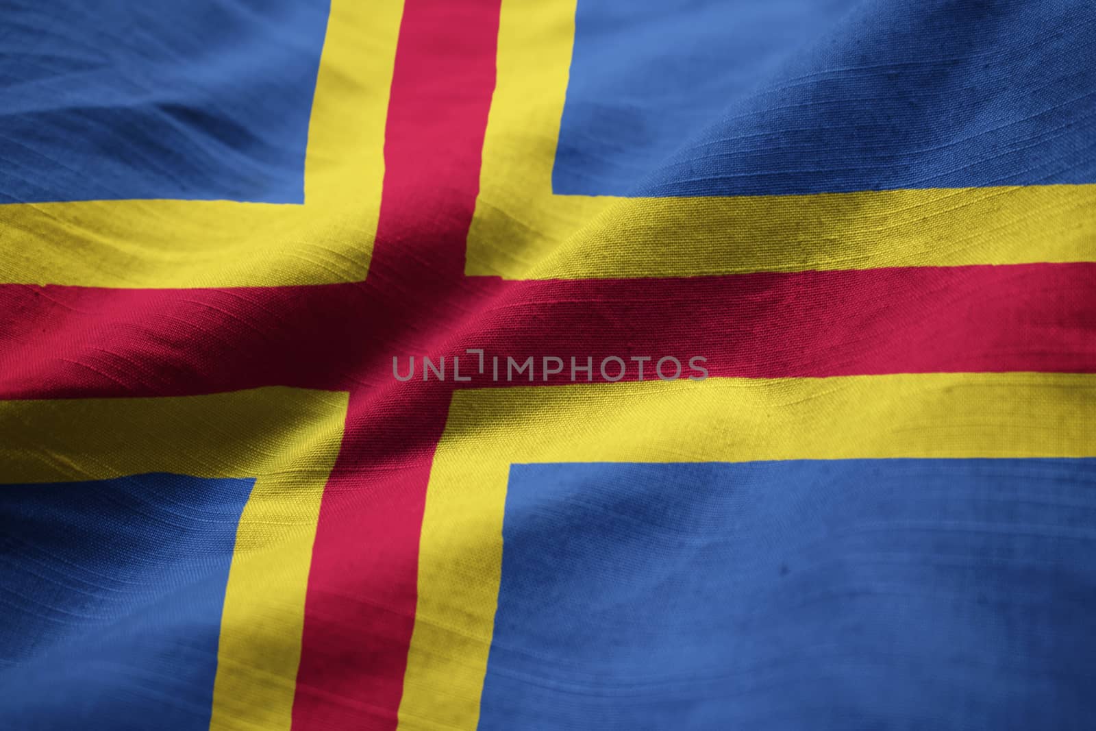 Closeup of Ruffled Aland Flag, Aland Flag Blowing in Wind