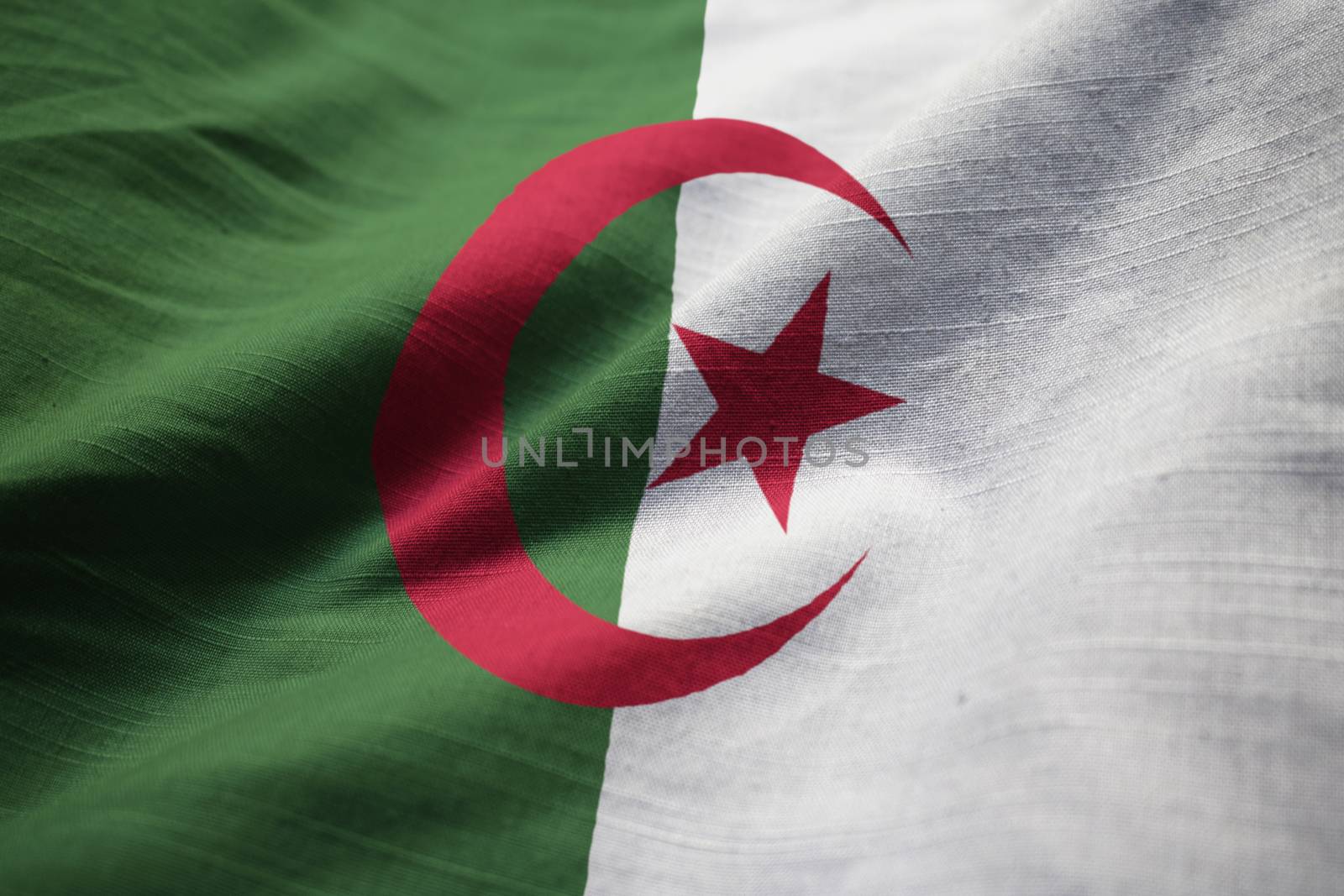 Closeup of Ruffled Algeria Flag, Algeria Flag Blowing in Wind by shaadjutt36