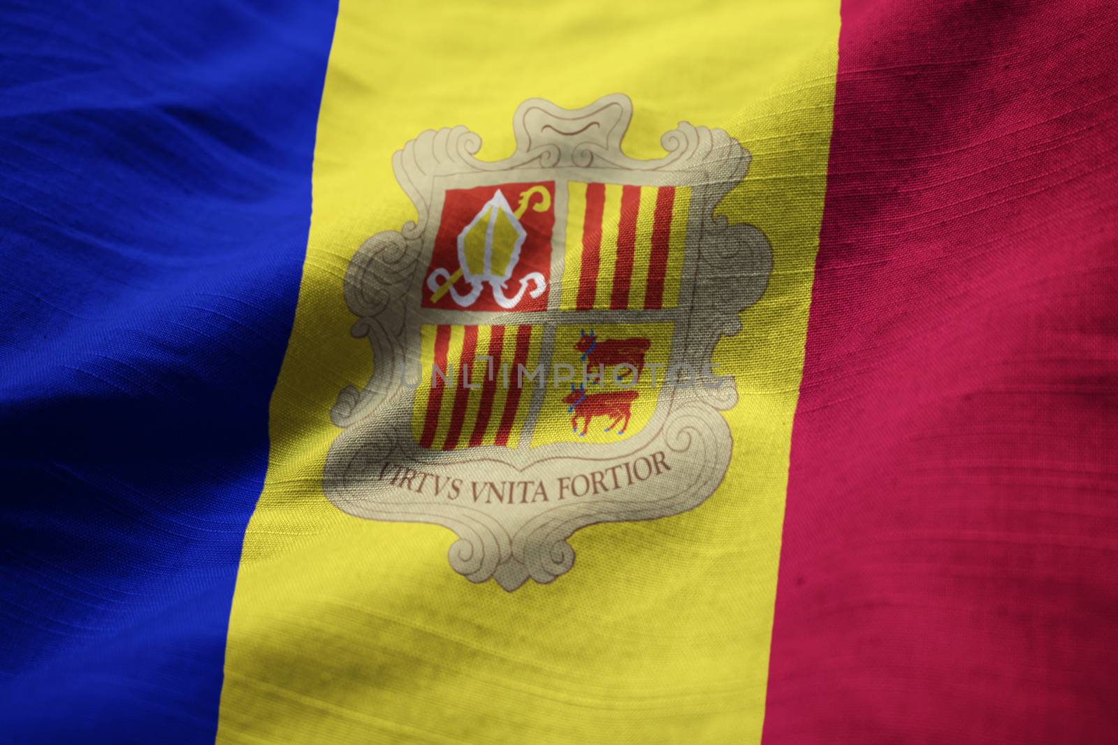 Closeup of Ruffled Andorra Flag, Andorra Flag Blowing in Wind by shaadjutt36