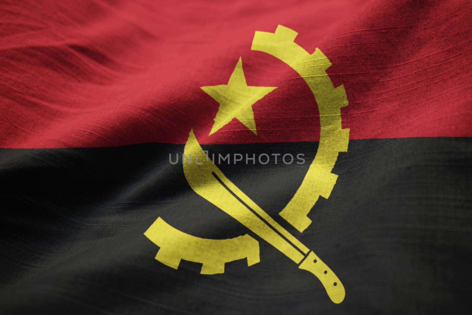 Closeup of Ruffled Angola Flag, Angola Flag Blowing in Wind by shaadjutt36