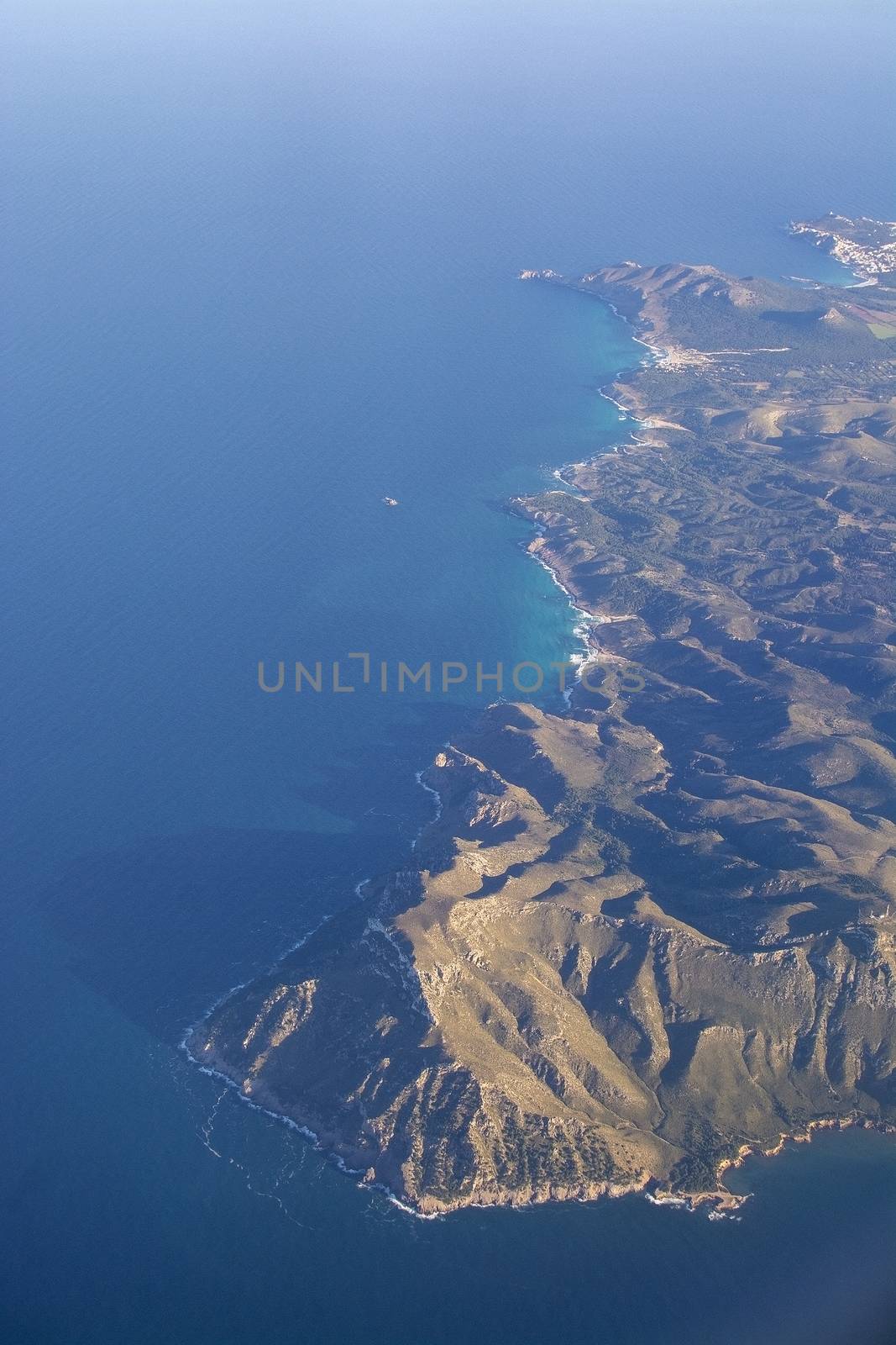 Coastal landscape aerial view on a sunny afternoon in eastern Mallorca, Spain