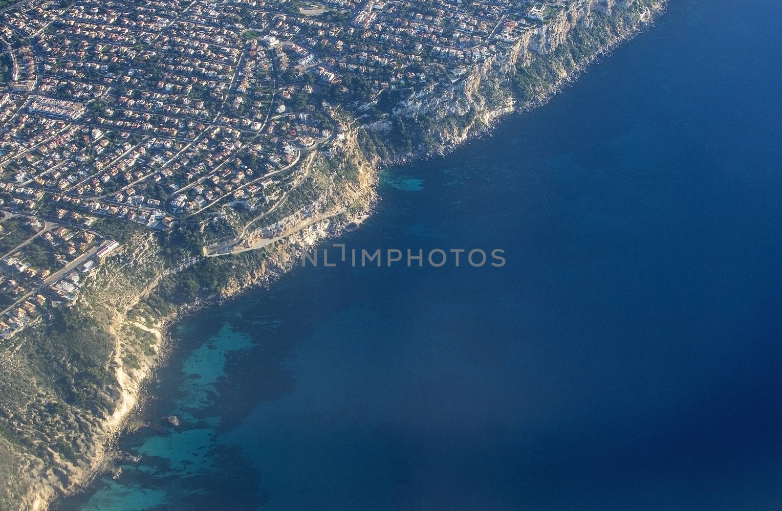 Coastal landscape aerial view of Cala Blava area on a sunny afternoon in south Mallorca, Spain