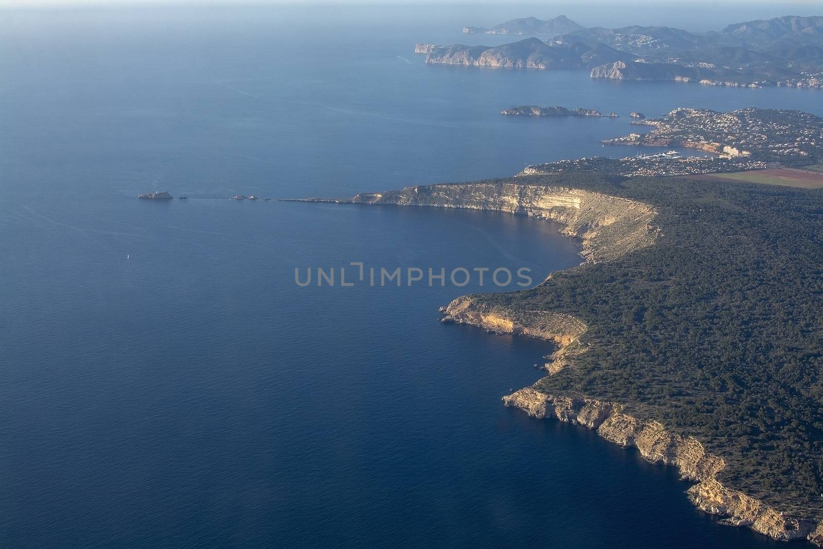 Coastal landscape aerial view on a sunny afternoon in southwestern Mallorca, Spain