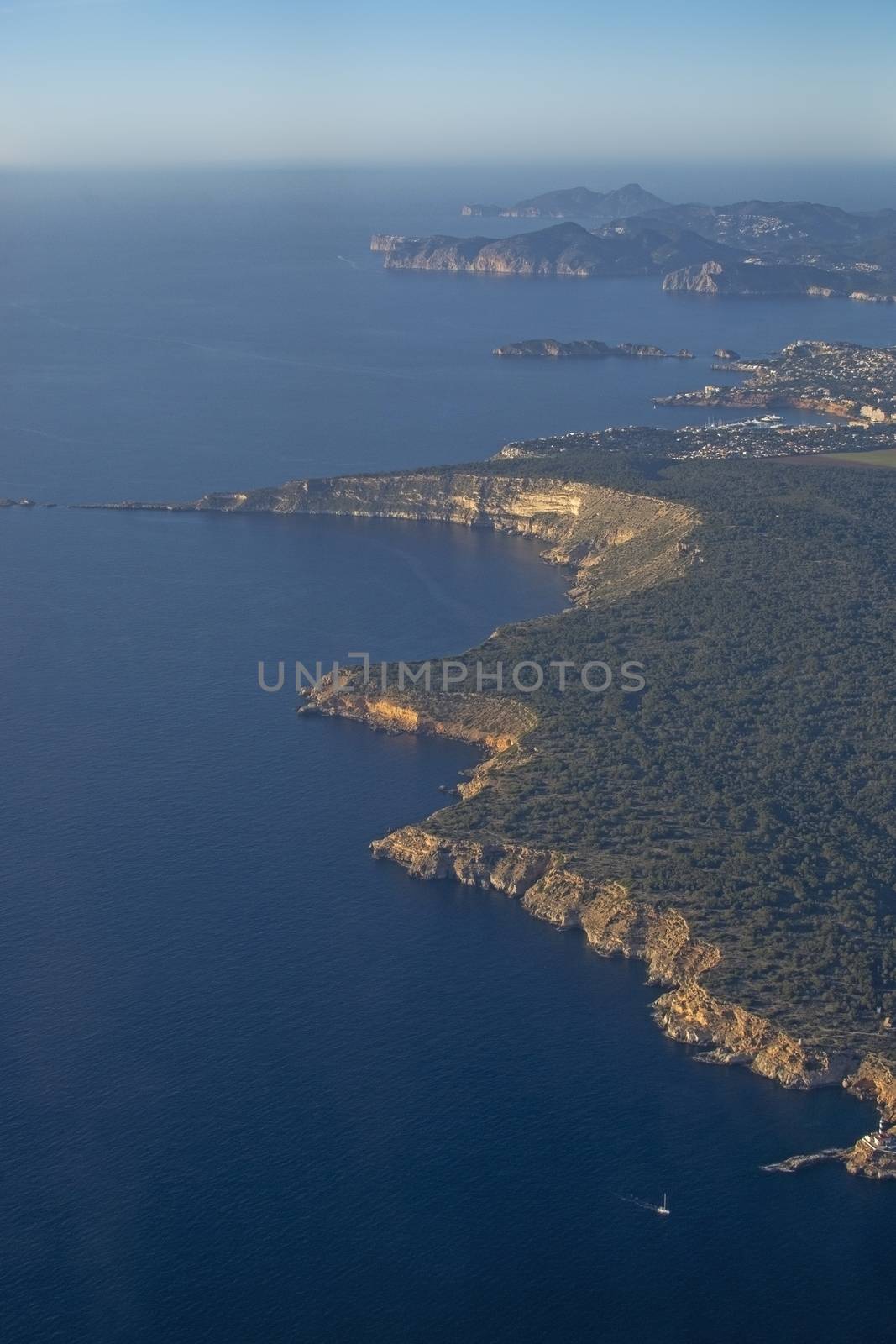 Coastal landscape aerial view on a sunny afternoon in southwestern Mallorca, Spain