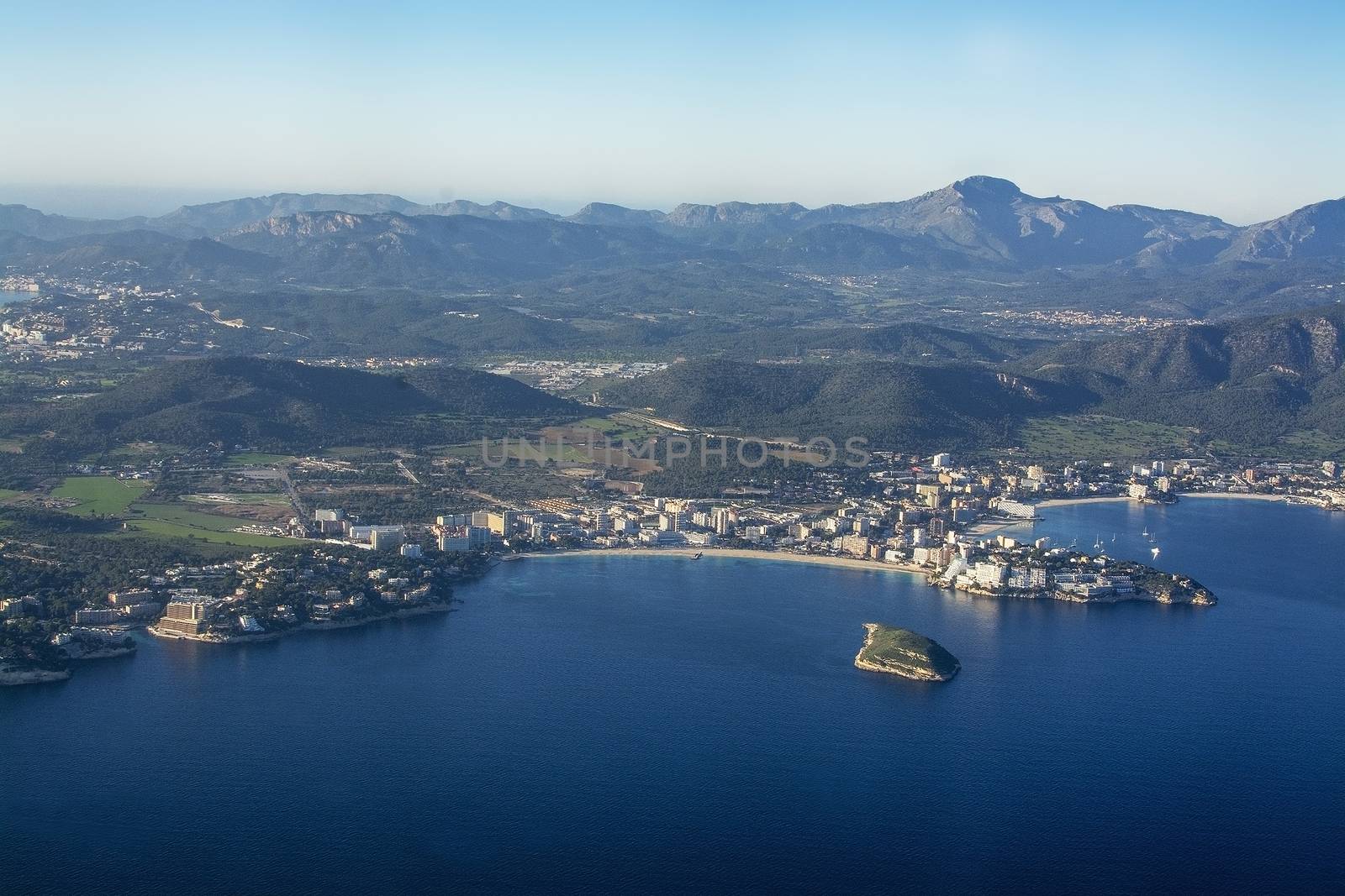 Coastal landscape aerial view on a sunny afternoon in Palma bay, Mallorca, Spain
