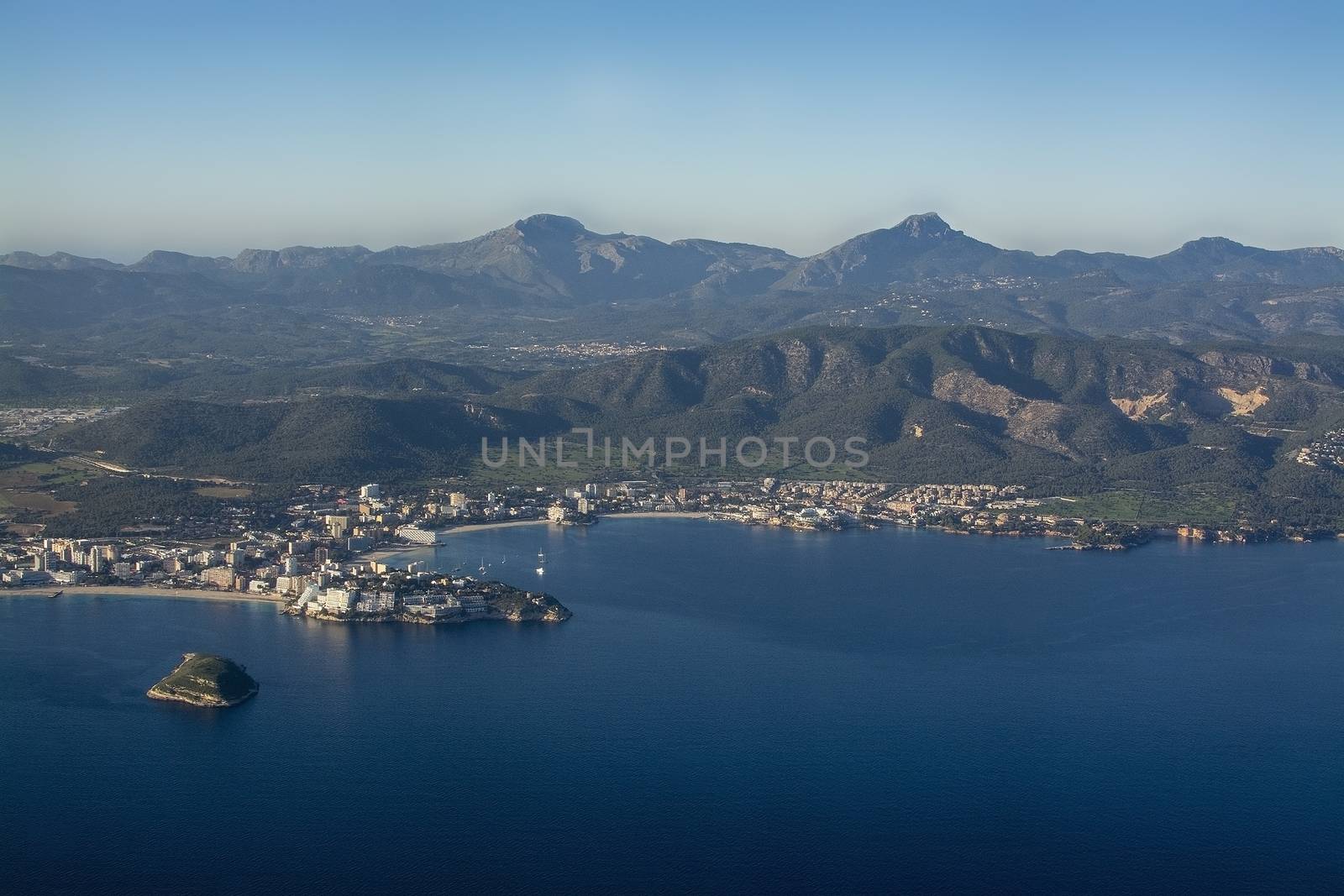 Coastal landscape aerial view on a sunny afternoon in Palma bay, Mallorca, Spain