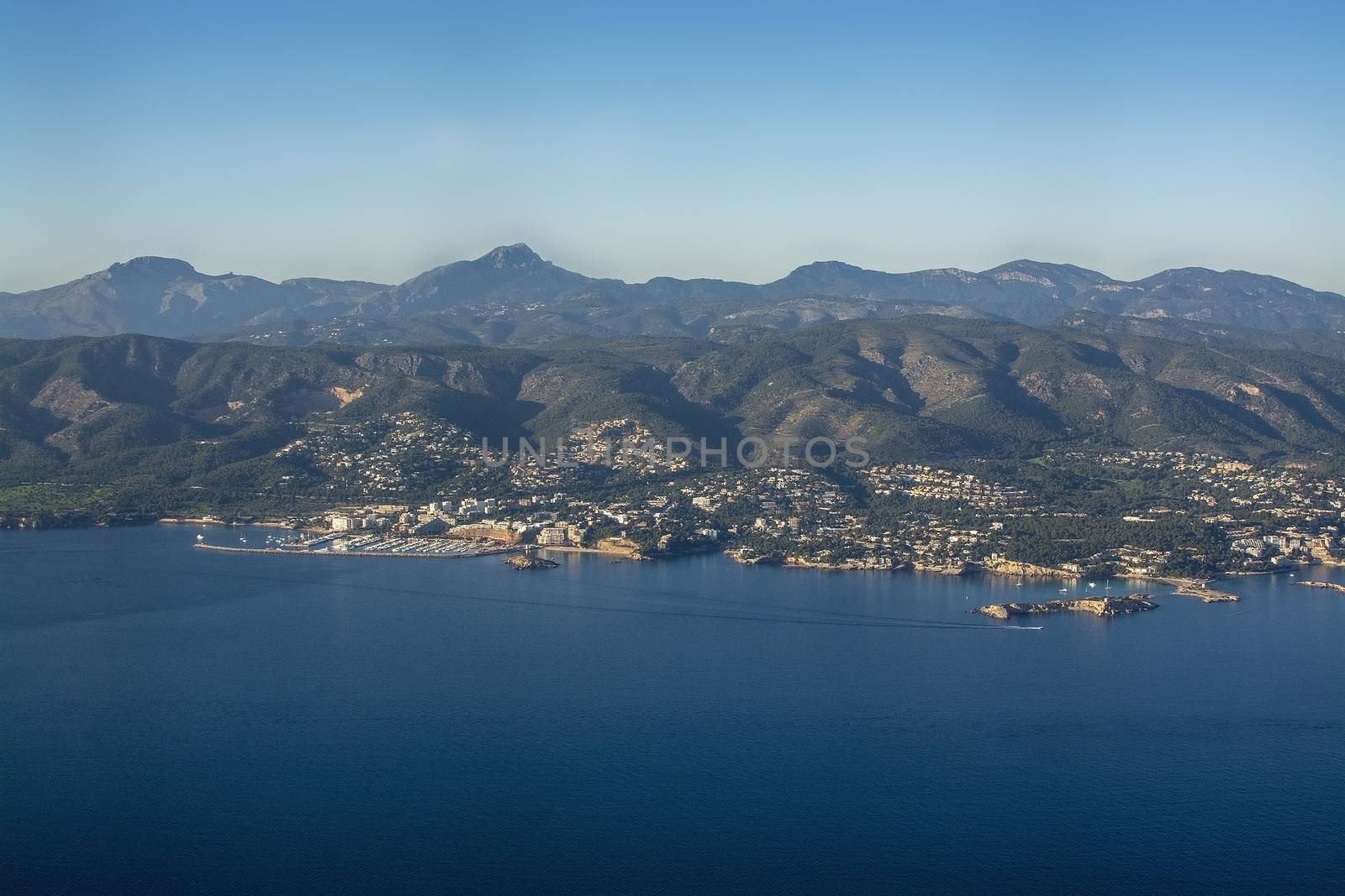 Coastal landscape aerial view on a sunny afternoon in Palma bay, Mallorca, Spain