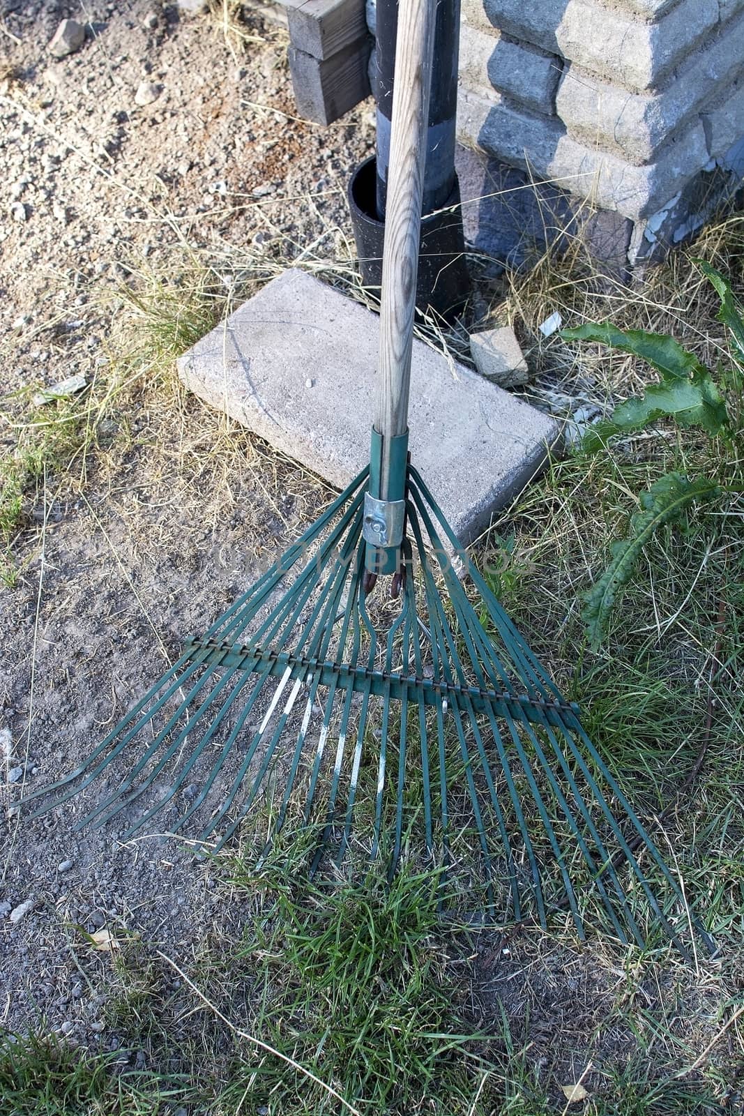 Green rake gardening equipment on bad lawn.