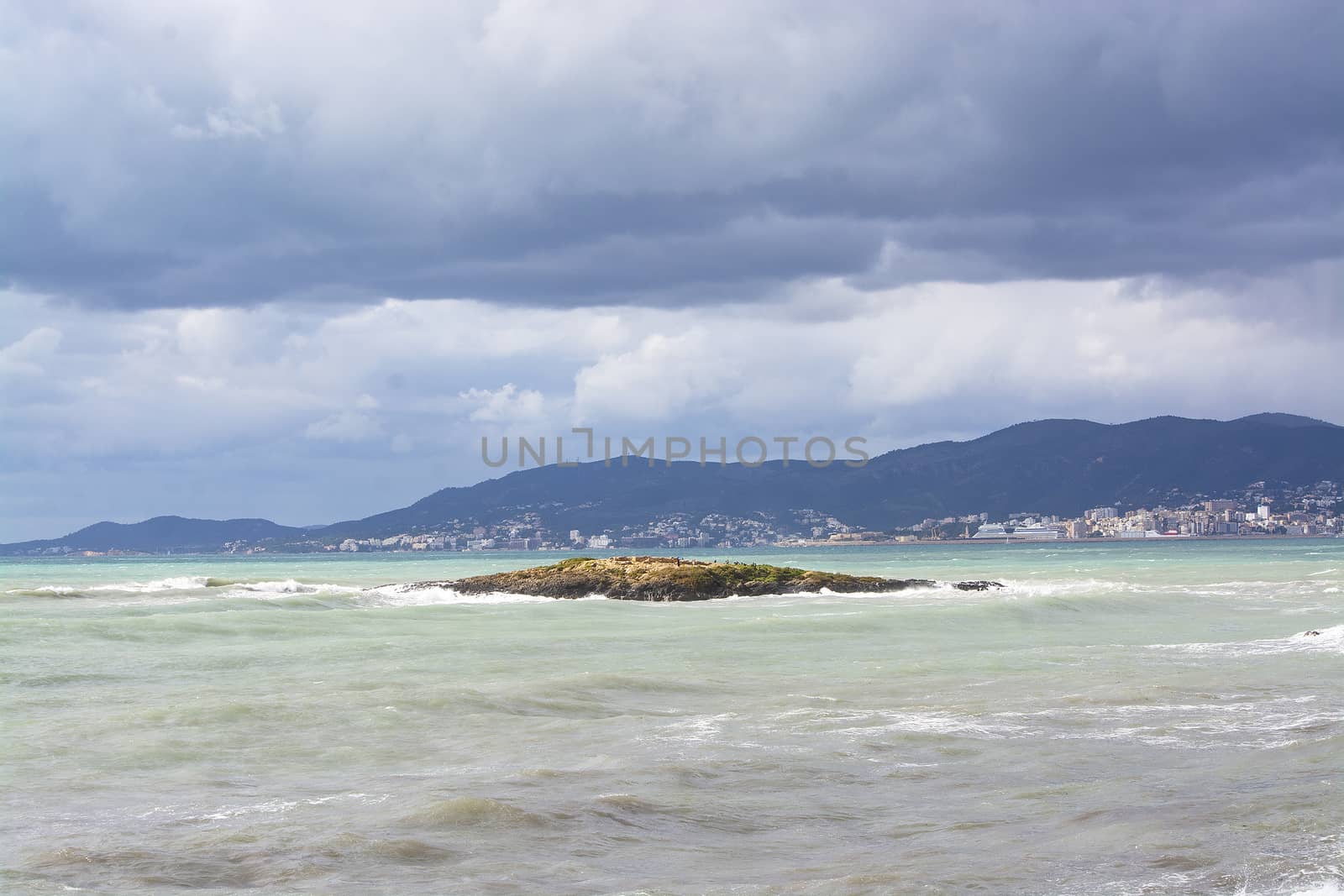 Aqua colors on stormy Mediterranean Mallorca coast on a winter day.