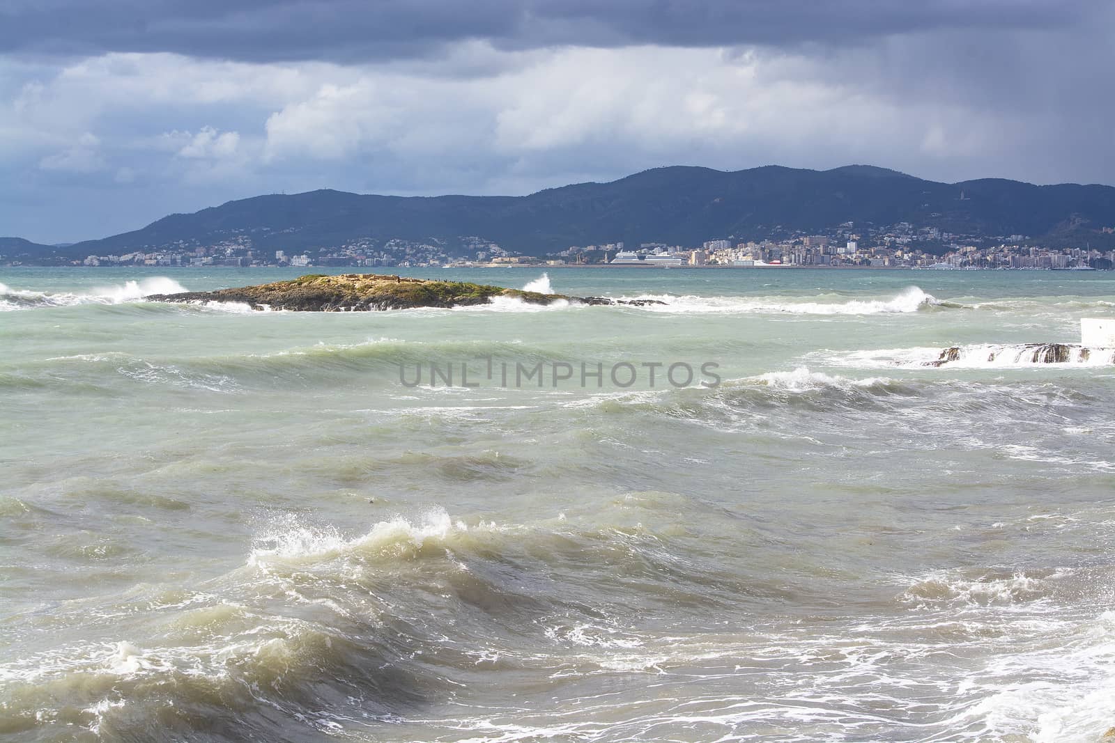 Aqua colors on stormy Mediterranean Mallorca coast on a winter day.