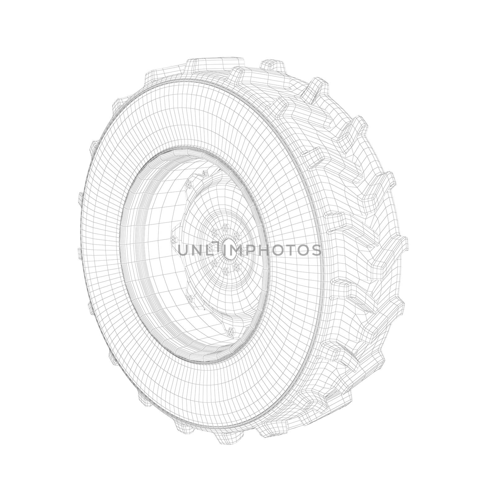 3D wire-frame model of tractor wheel on white background