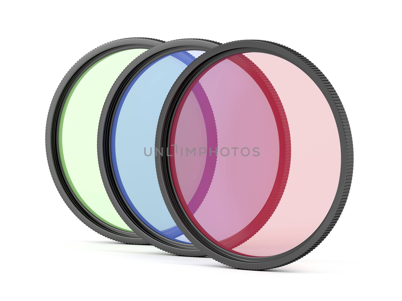 Red, blue and green color photographic filters on white background