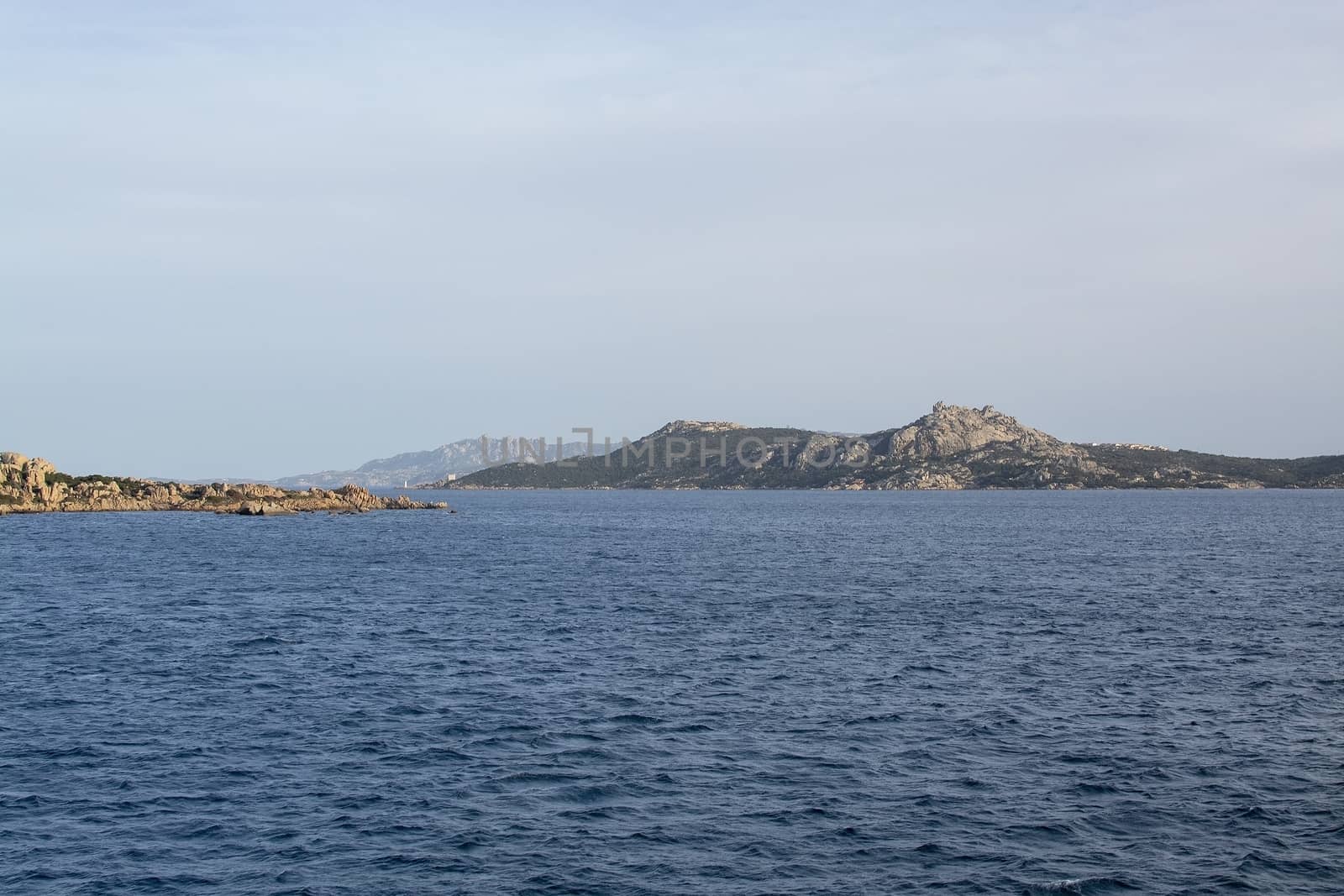 Archipelago landscape between Palau and Isola Maddalena in Costa Smeralda, Sardinia, Italy in March.