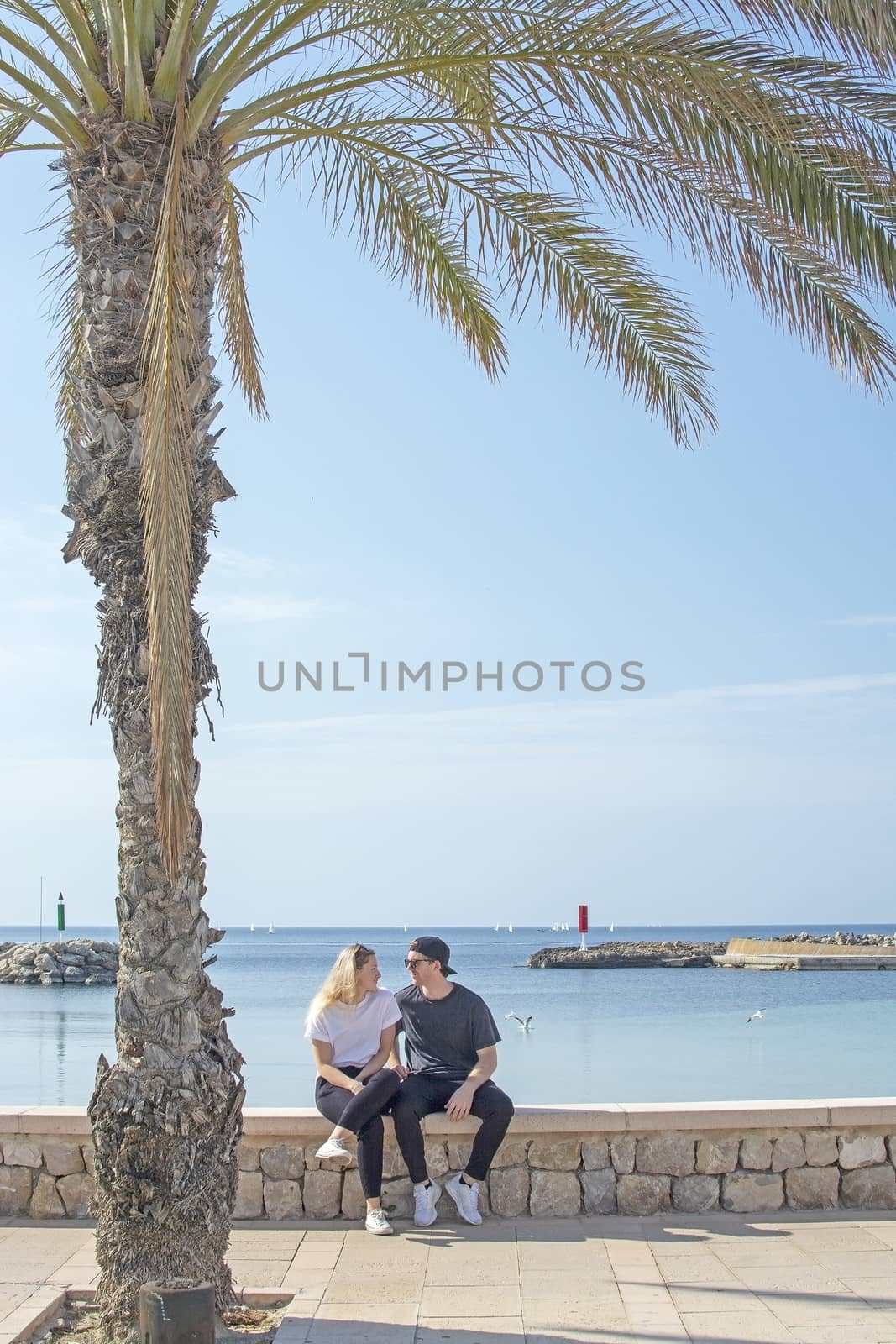 Young natural and casual sporty couple sit under palm tree  by ArtesiaWells