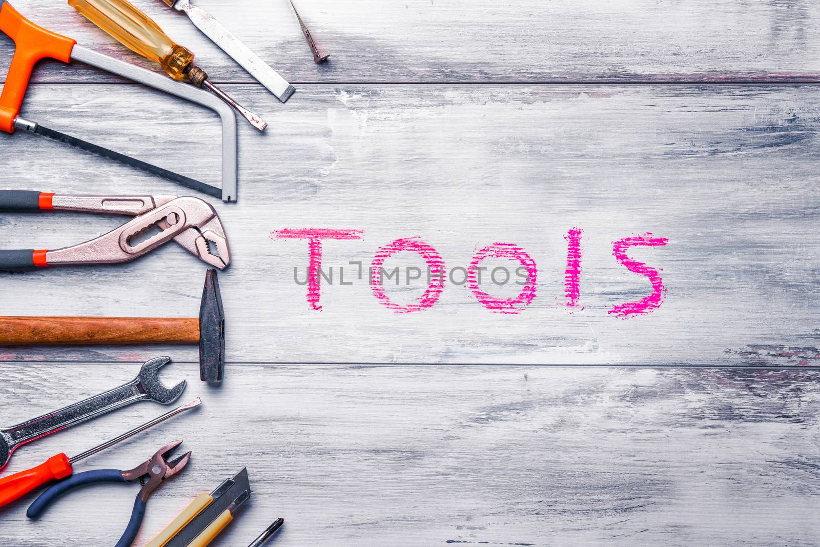 Set of work tool on rustic wooden background with written "tools" in space, industry engineer tool concept.still-life.close up.