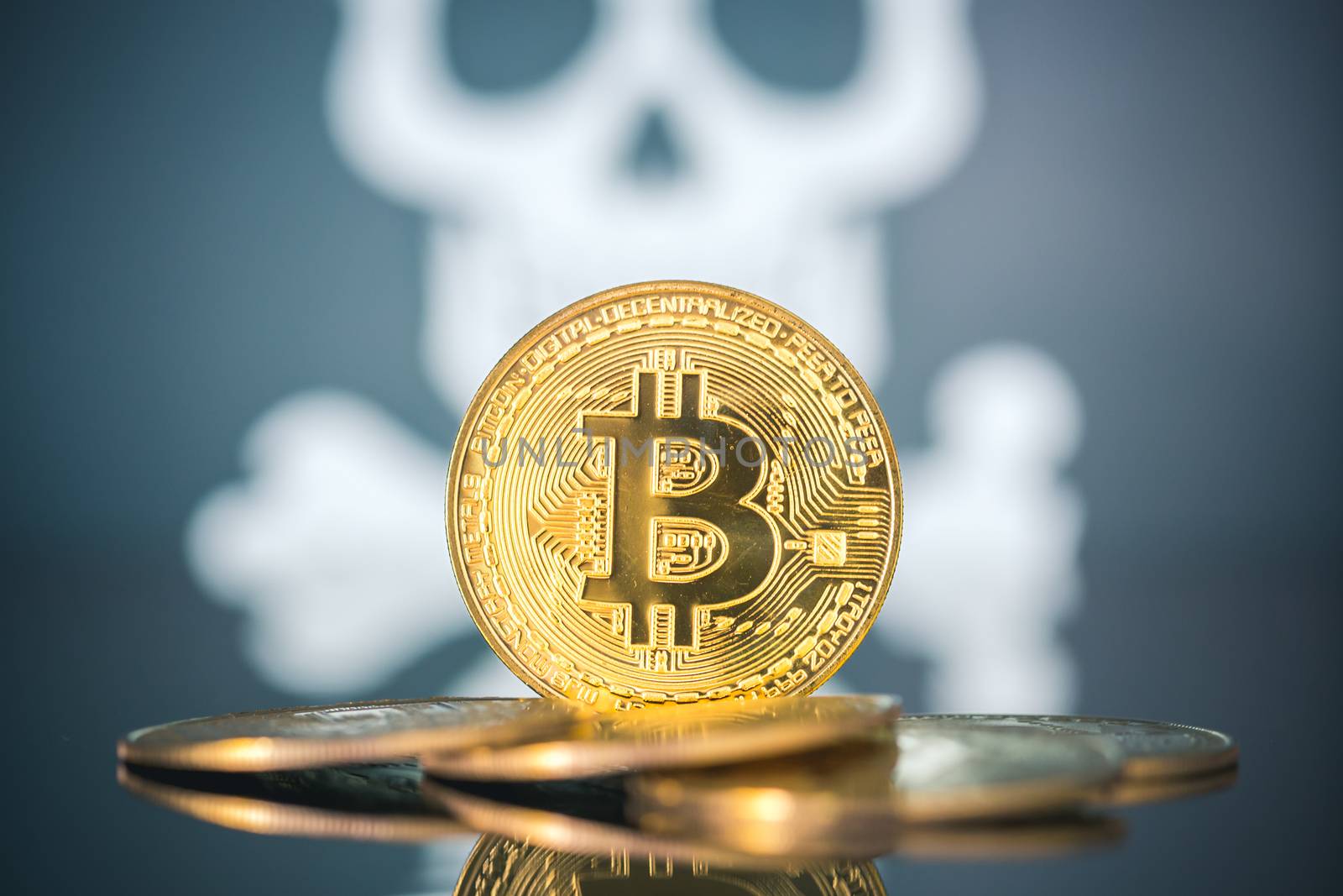 Bitcoin fail concept, Golden bitcoin with skull and bones in the background. Dark background