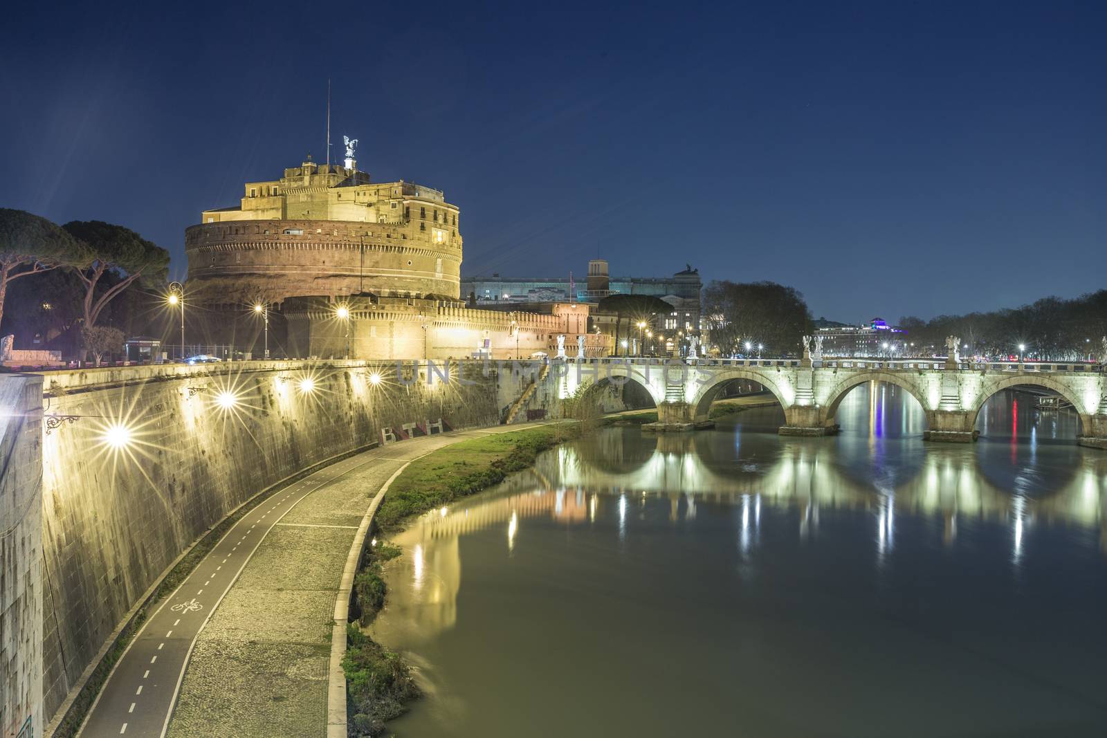 Saint Angel Castle and bridge over the Tiber river in Rome