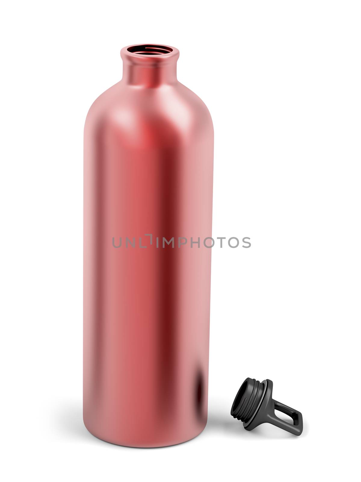 Red aluminum water bottle on white background