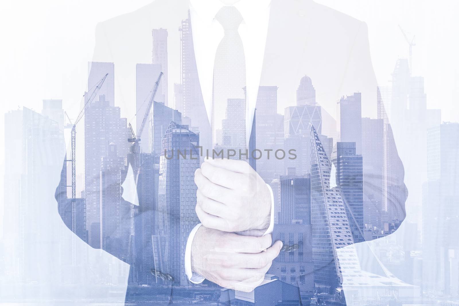 Corporate business, entrepreneurship and economic prosperity conceptul collage. Businessman wearing fashionable classic navy blue suit against new york city manhattan buildings and skyscrapers.